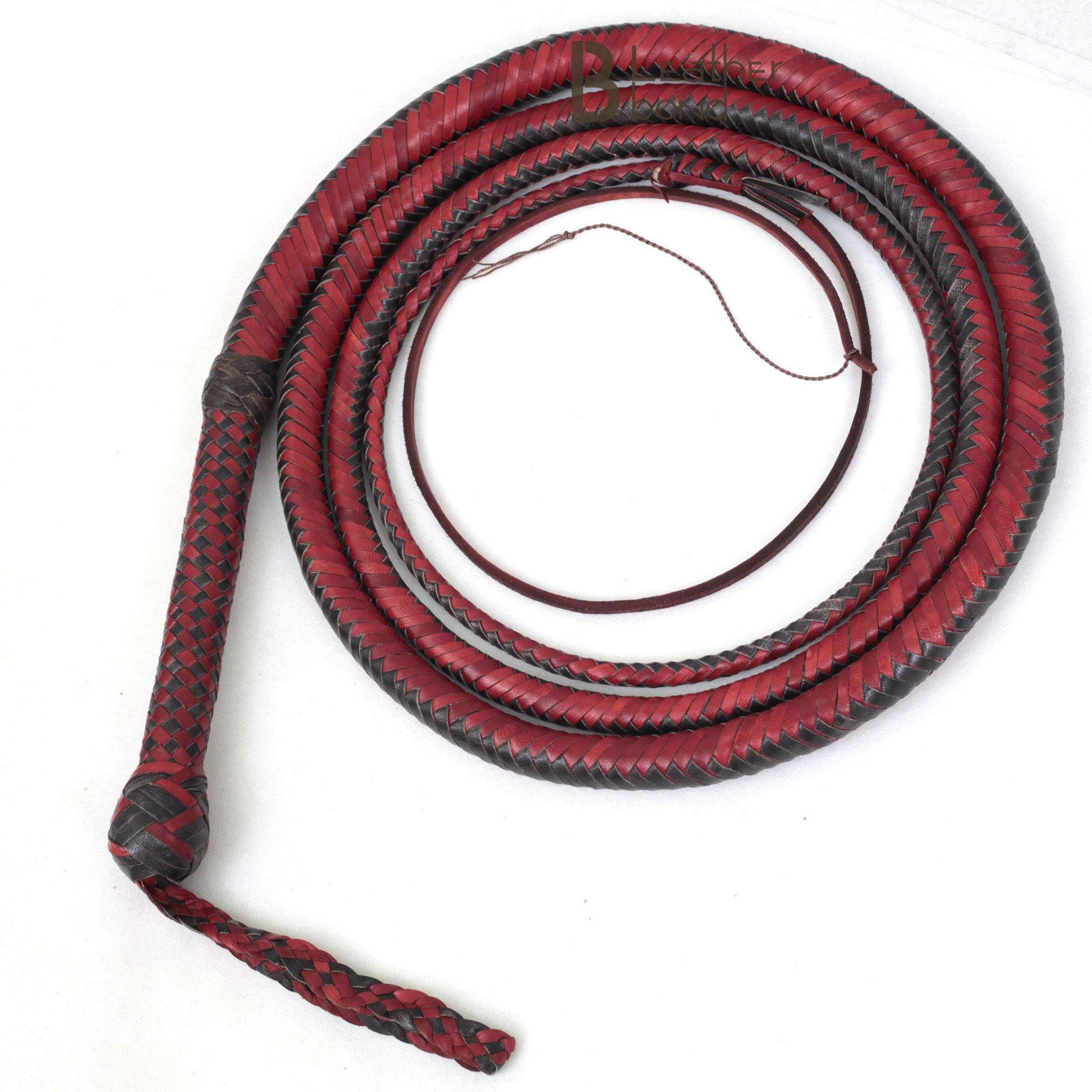 Premium 6-16 Foot 16 Strand Cowhide Leather Bullwhip - Equestrian Training Whip with Leather Belly & Bolster (Red & Black) - Perfect for Horseback Riding, Whip Cracking Performances & Ranch Work