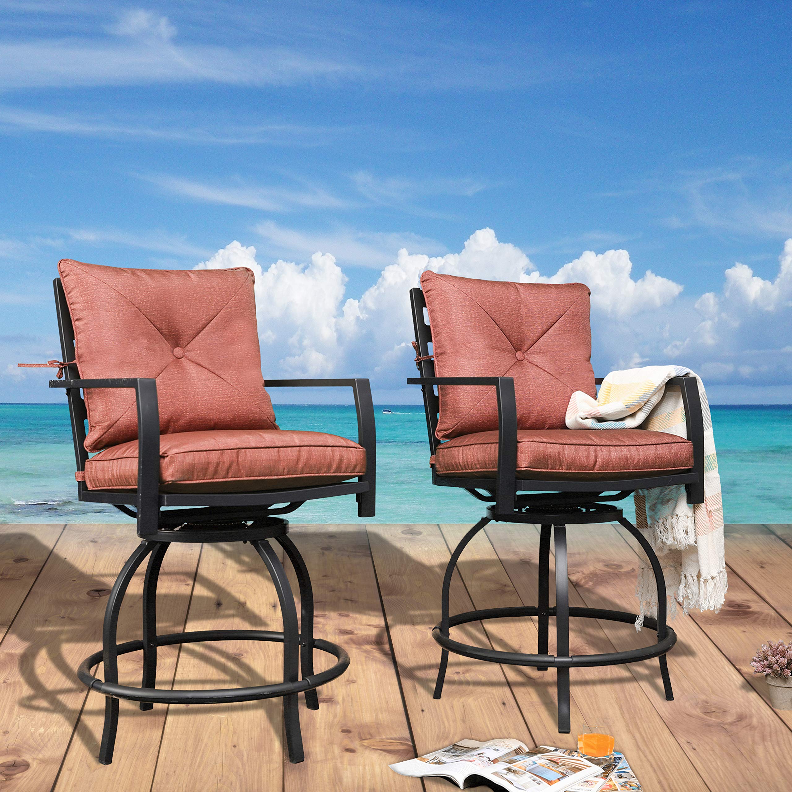 LOKATSE HOME 2-Piece Outdoor Swivel Bar Stool Set with Cushions - Patio, Bistro, Garden, Poolside Metal Height Adjustable Stools (Red) - Perfect for Backyard, Deck, and Outdoor Dining Areas