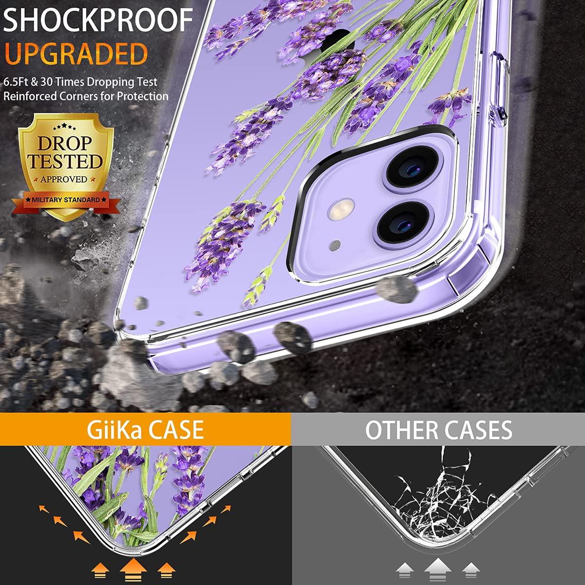 GiiKa Clear Floral Shockproof Hard Case with TPU Bumper & Screen Protector for iPhone 12/12 Pro - Purple Flowers Design | Protective Phone Cover for Women & Girls | Perfect for Everyday Use, Work, and Travel