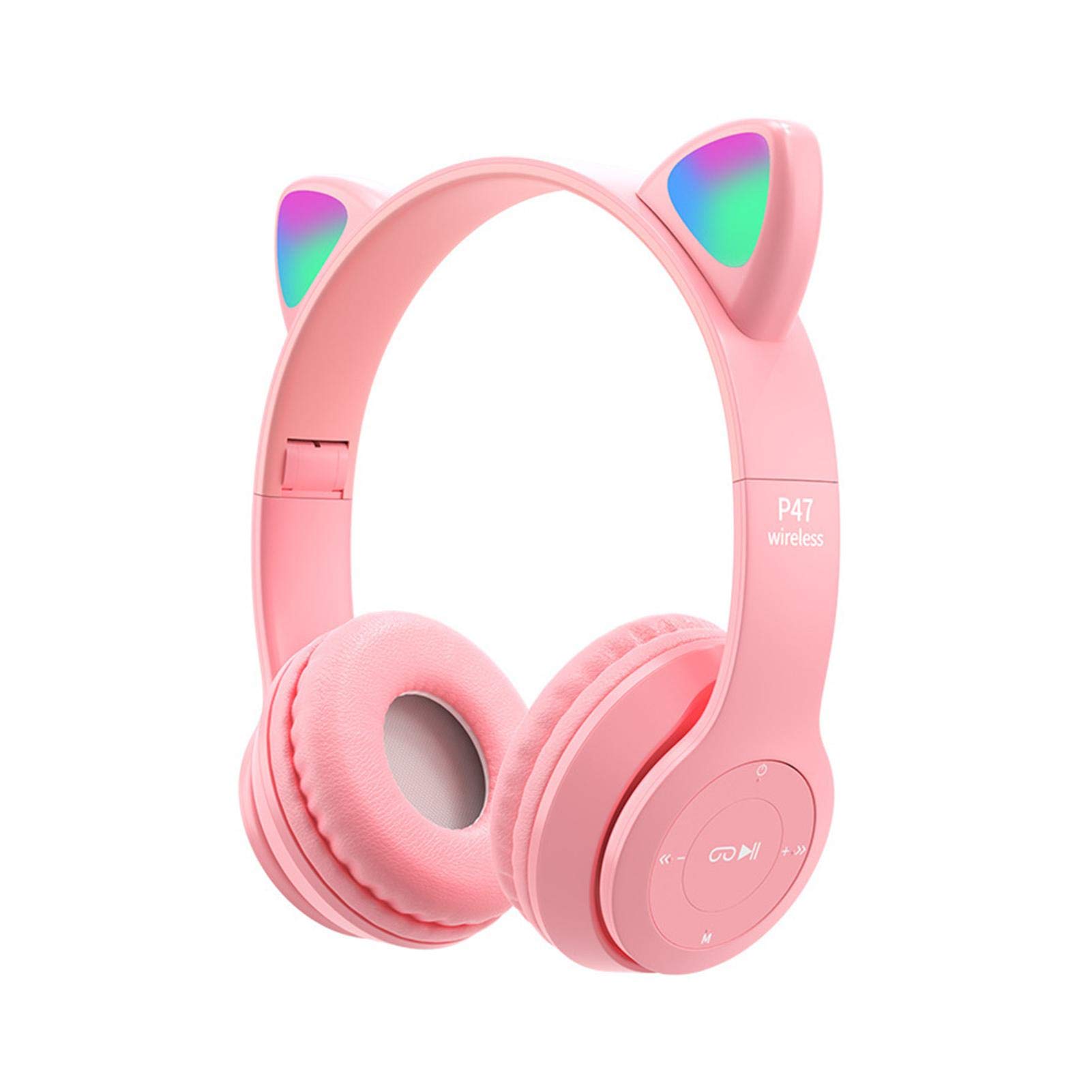 Cat Ear LED Light Up Bluetooth 5.0 Wireless Headphones for Kids & Adults - Foldable Gaming Headset with Built-in Mic & Noise Cancelling - Comfortable Over-Ear Design (Pink) - Perfect for Gaming, Online Classes & Music Listening