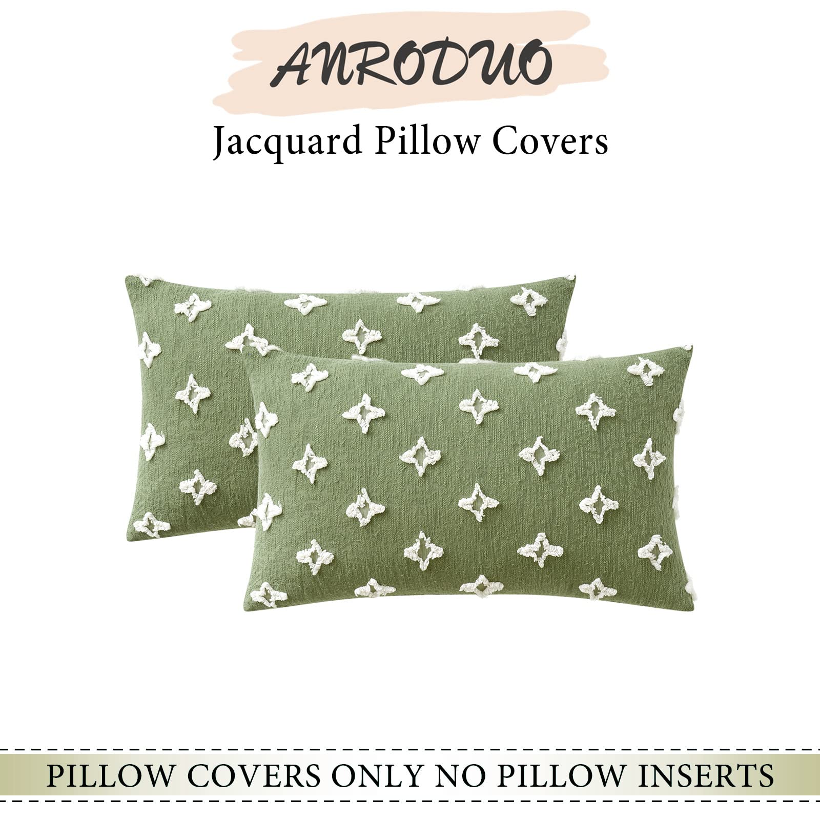 ANRODUO Pack of 2 Sage Green Bohemian Decorative Throw Pillow Covers - 12x20 Inch Tufted Rhombic Jacquard Cushion Covers for Sofa, Couch & Living Room - Soft & Stylish Home Decor for Spring, Bedroom & Cozy Spaces