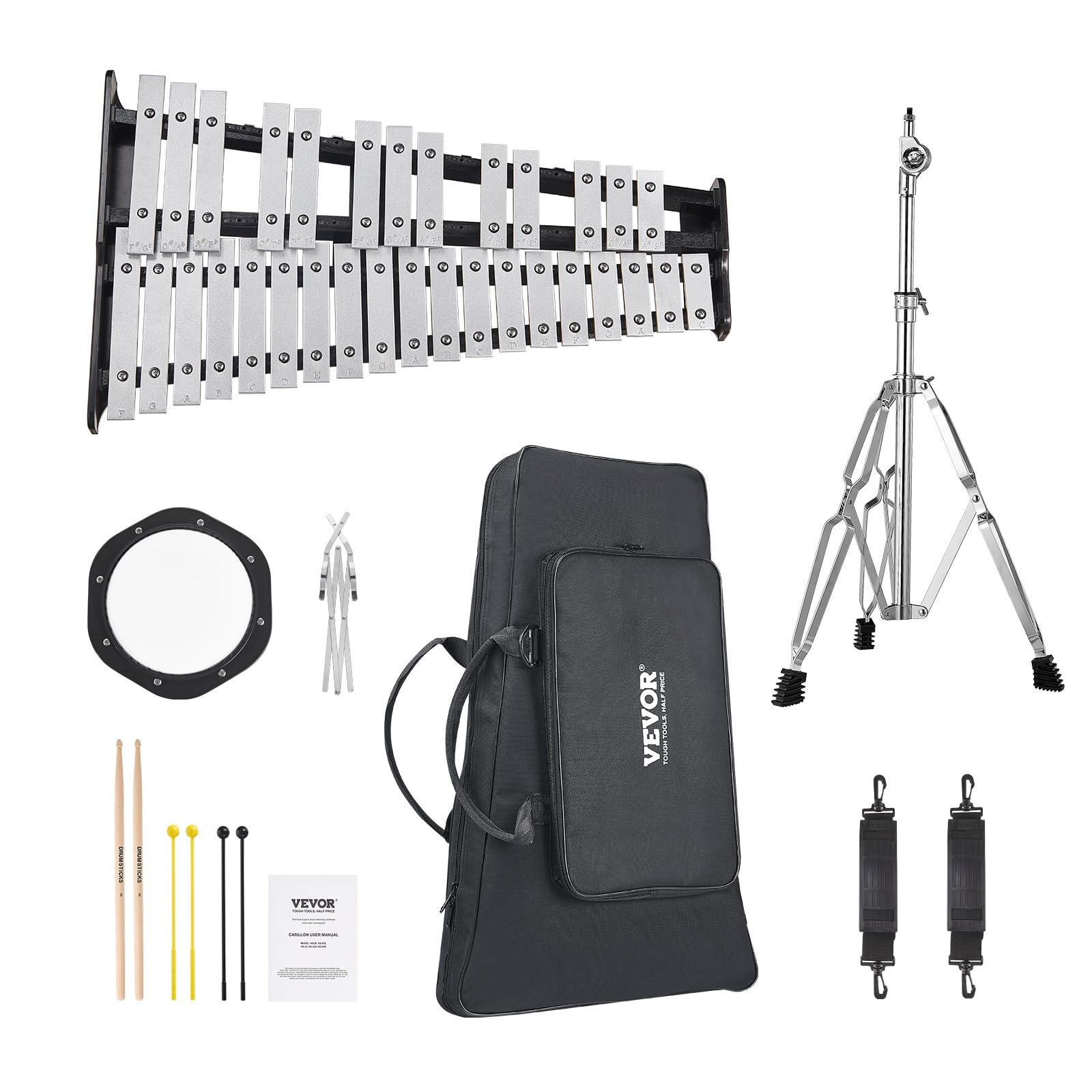 VEVOR 32-Note Glockenspiel Xylophone Bell Kit - Professional Percussion Instrument Set with Mallets, Drum Sticks, Music Sheet, 8