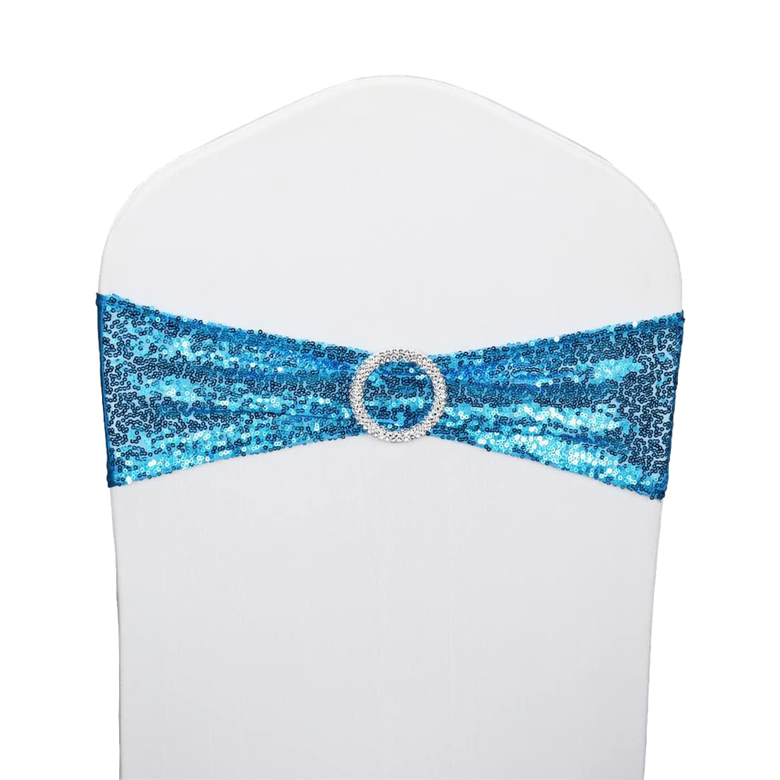 Sparkling Sequin Chair Sashes - 6 Pack Stretchy Spandex Chair Bands with Buckles for Wedding, Banquet, Birthday, Graduation & Anniversary Decor - Party Chair Decorations (Azure Blue, 6 Pieces) - Perfect for Adding Glamour to Event Seating & Photo Backdrops
