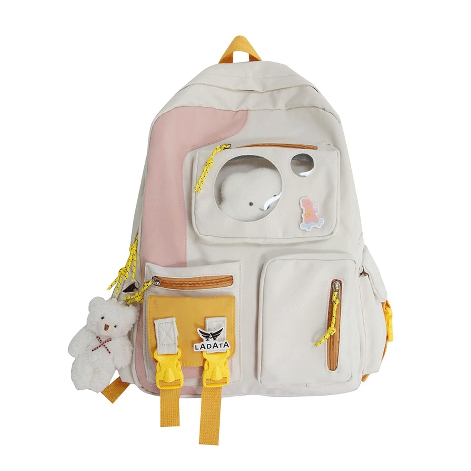 Trendy Japanese Korean Style Nylon School Backpack for Girls - Cute Bear Pendant Design, Lightweight College Campus Bag (White) - Perfect for School, Travel & Daily Use