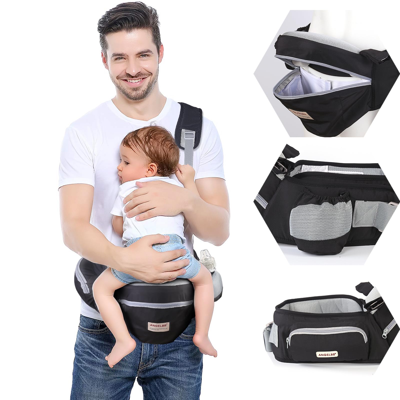 Ergonomic Baby Hip Carrier with Adjustable Straps & Foldable Seat - Newborn to Toddler Support with 180° Up-Down Position, Waistband Extender & Large Storage Pockets - Perfect for Shopping, Travel & Daily Errands (Black)