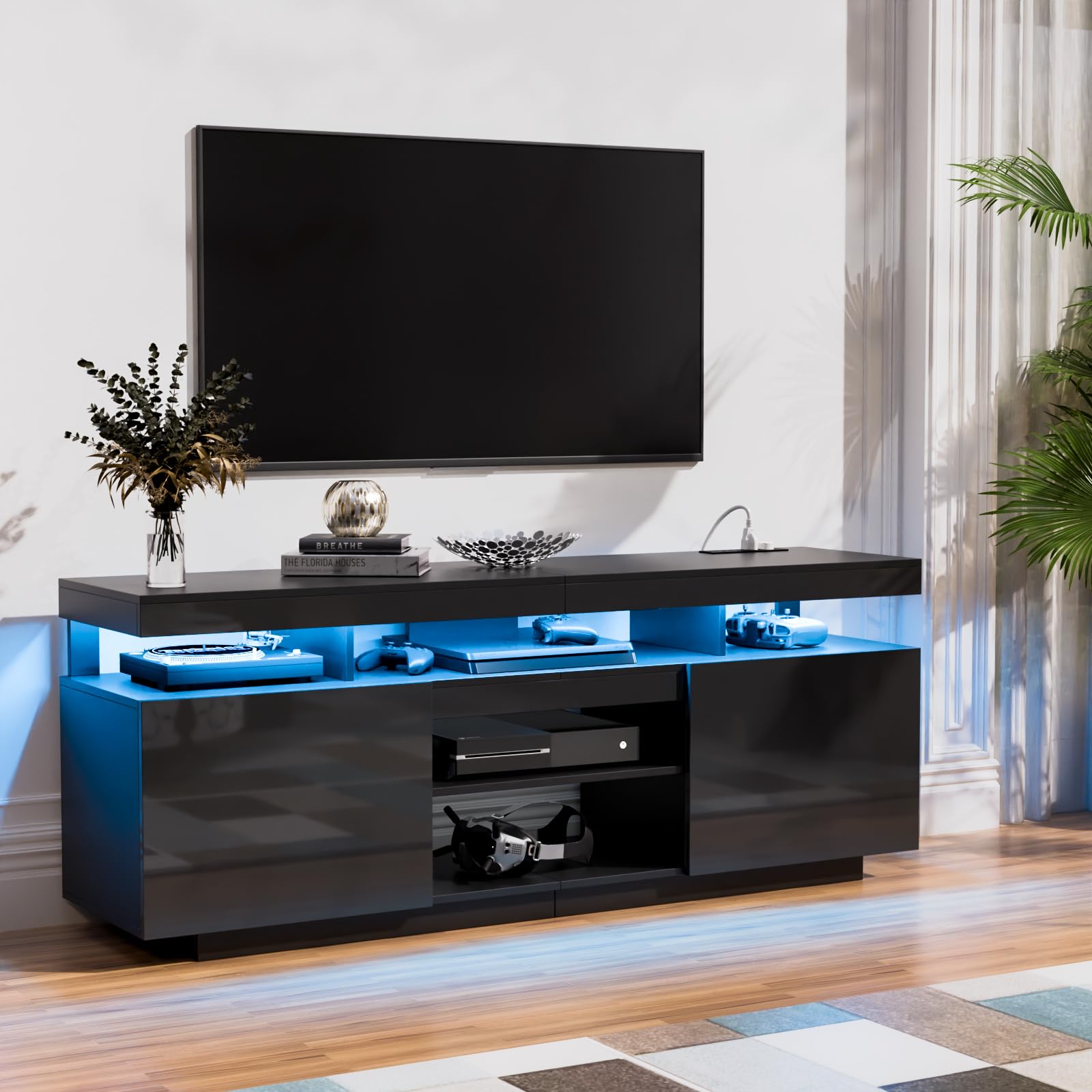 HOMMPA 75 Inch LED TV Stand - Modern Tall Entertainment Center with Power Outlets, High Gloss Black TV Console with Storage for Living Room & Bedroom - Perfect for Gaming & Media Storage - Fits 75/70/65/55 Inch TVs - Ideal for Home Theater & Family Entertainment Setup