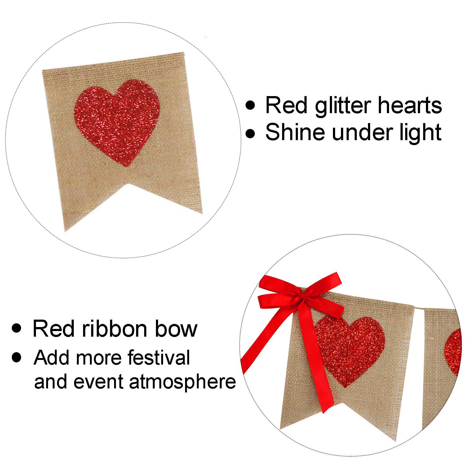 Red Glitter Heart Burlap Garland - Valentine's Day Rustic Decor for Weddings, Anniversaries & Birthday Parties | Romantic Home and Party Decoration Supplies