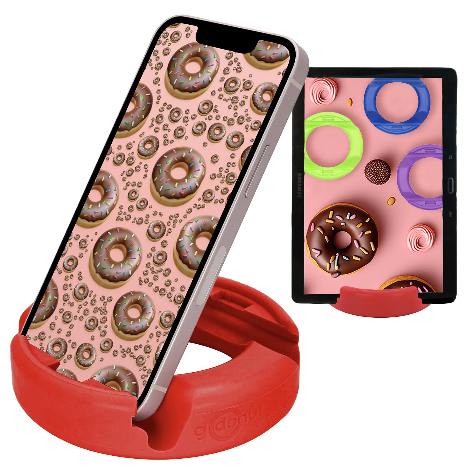 GoDonut Original Phone Stand & Tablet Holder - Universal Desk Organizer Compatible with iPhone 16/15/14 Pro Max, Android Smartphones & iPads (Red) - Perfect for Home Office, Video Calls, Cooking Recipes & Hands-Free Viewing