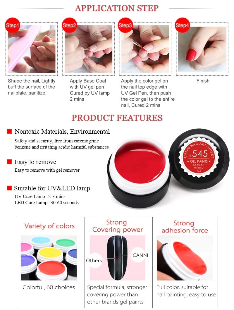 CANNI 5ml UV Gel Nail Polish - Soak Off Gel Paint for Nail Art, Solid Colors, Long Lasting & Shiny Finish - Perfect for Manicures, Pedicures & Salon Use
