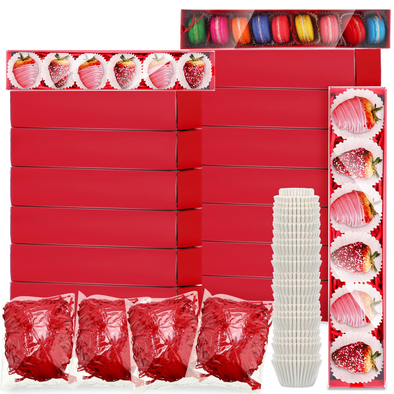 ChloeMy 40-Piece Valentine's Day Chocolate Strawberry Gift Box Set with Clear Window - 250 Disposable Paper Food Trays, 4 Raffia Bakery Macaron Boxes, 12x2.2x2 Inch Red Serving Trays - Perfect for Romantic Gifts, Dessert Displays & Party Catering