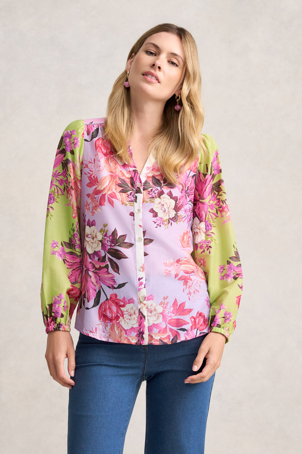 Printed Cotton Silk Shirt for Women - Spliced Floral Blouse with Elegant Design | Perfect for Office Wear, Casual Outings & Special Occasions