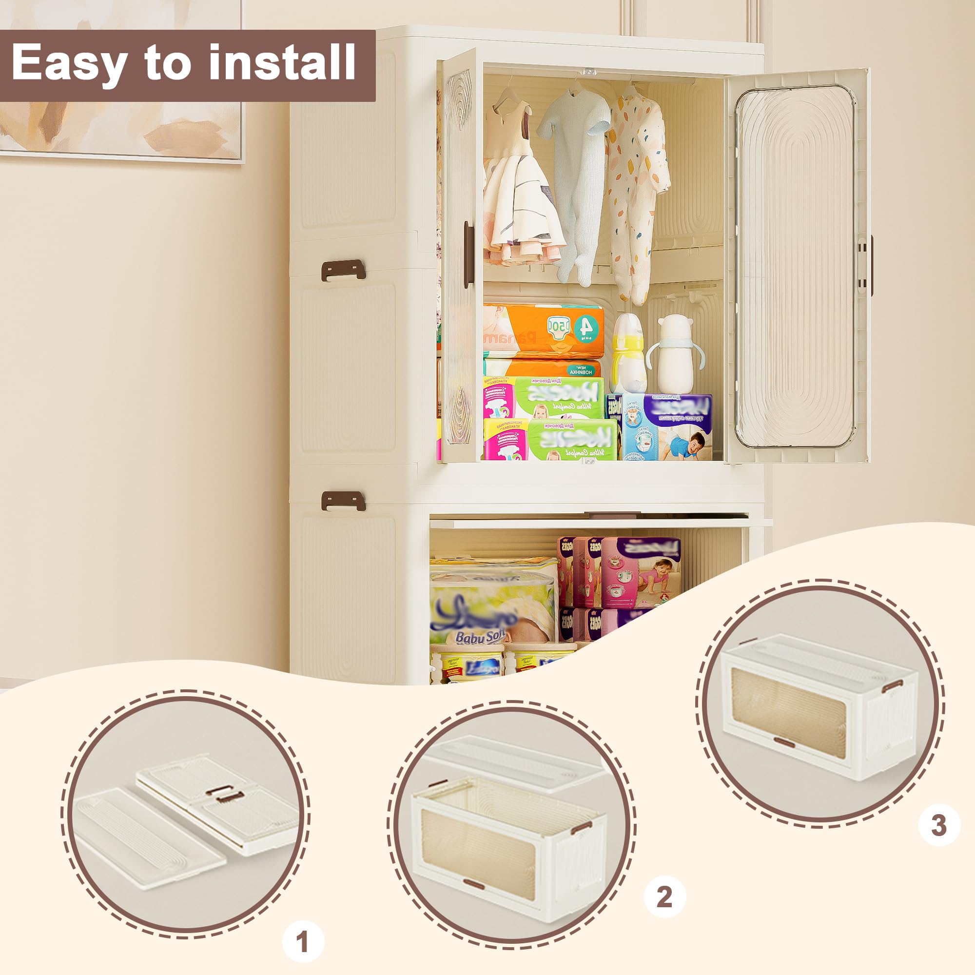 Portable Wardrobe Closet Organizer with Magnetic Doors - 4 Storage Cubes & Hanging Rod Included - 10 Bonus Hangers - Space-Saving Clothes Storage for Bedroom, Nursery, or Dorm - Perfect Baby Wardrobe Cabinet & Clothes Dresser for Small Spaces