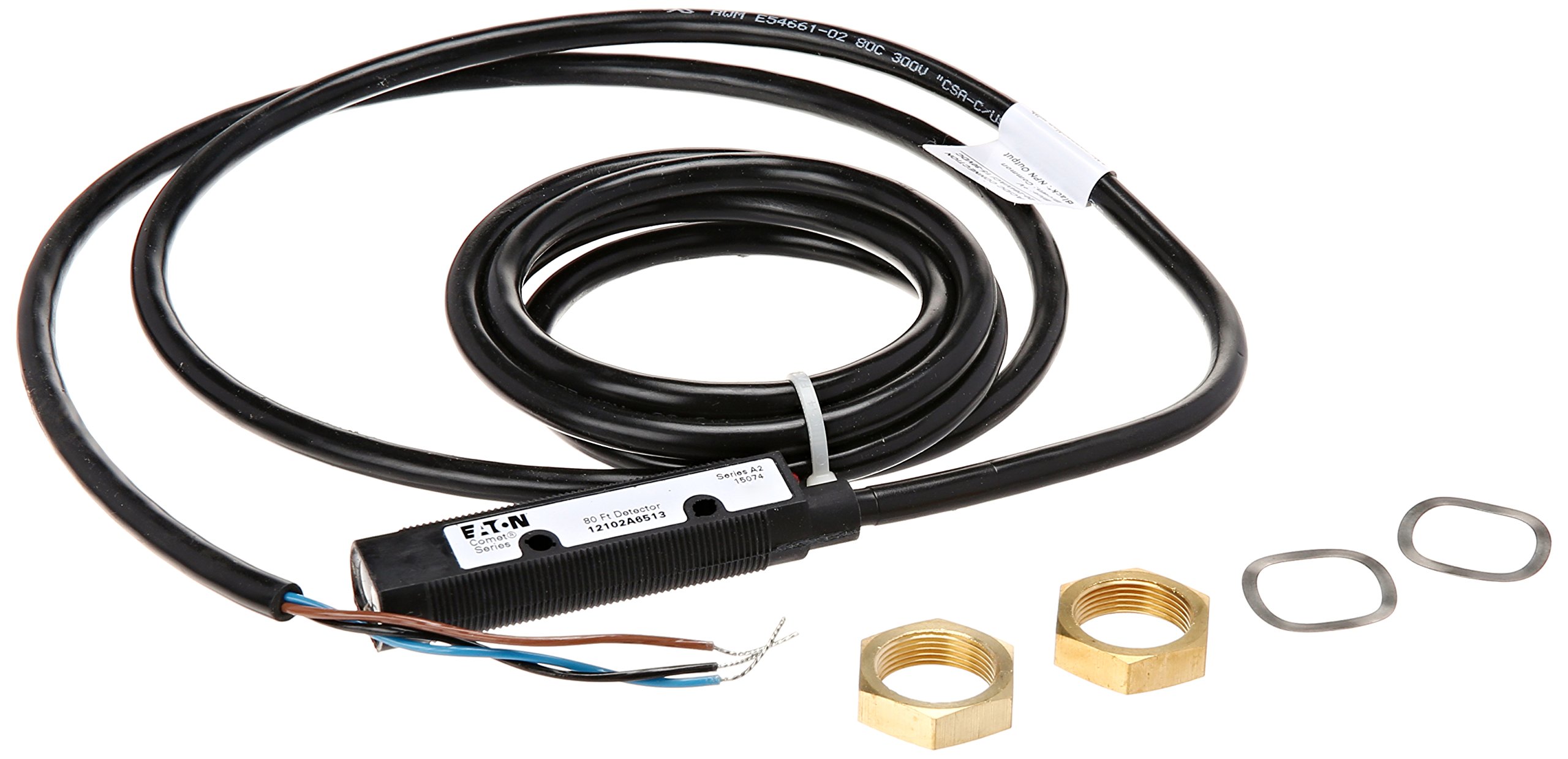 Eaton 12102A6513 Comet Series Photoelectric Sensor - Thru-Beam Mode, VMOS/NPN 300mA Output, 65ft Cable, 80ft Range, 15-30VDC/20-264VAC - Ideal for Industrial Automation, Conveyor Systems & Packaging Equipment
