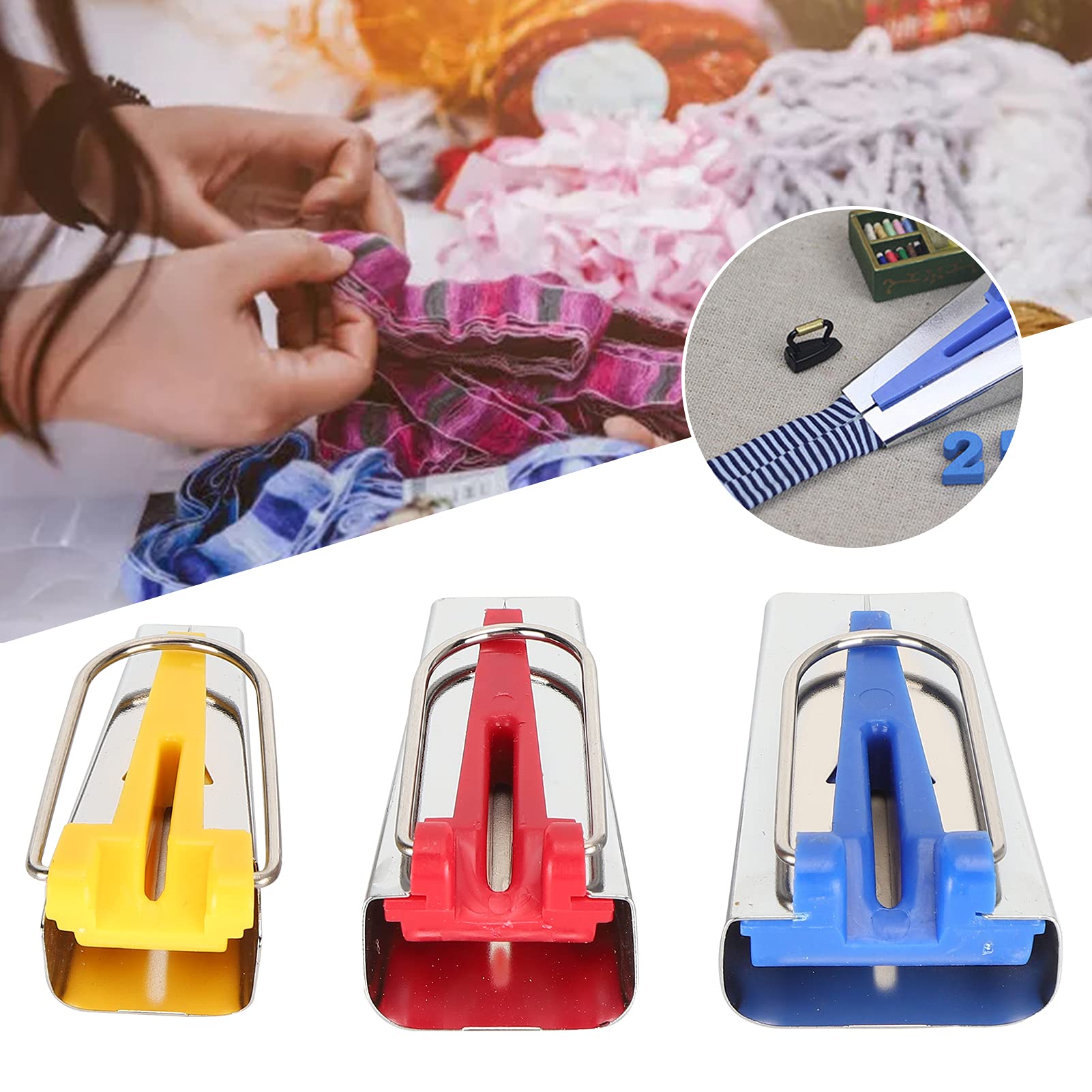 3Pcs Bias Tape Maker Kit - Fabric Tape Maker Tools with Wooden Awl, Bead Needles & Clip Presser Foot Threader for Sewing, Quilting & Patchwork | Perfect for DIY Crafts, Garment Making & Home Decor Projects
