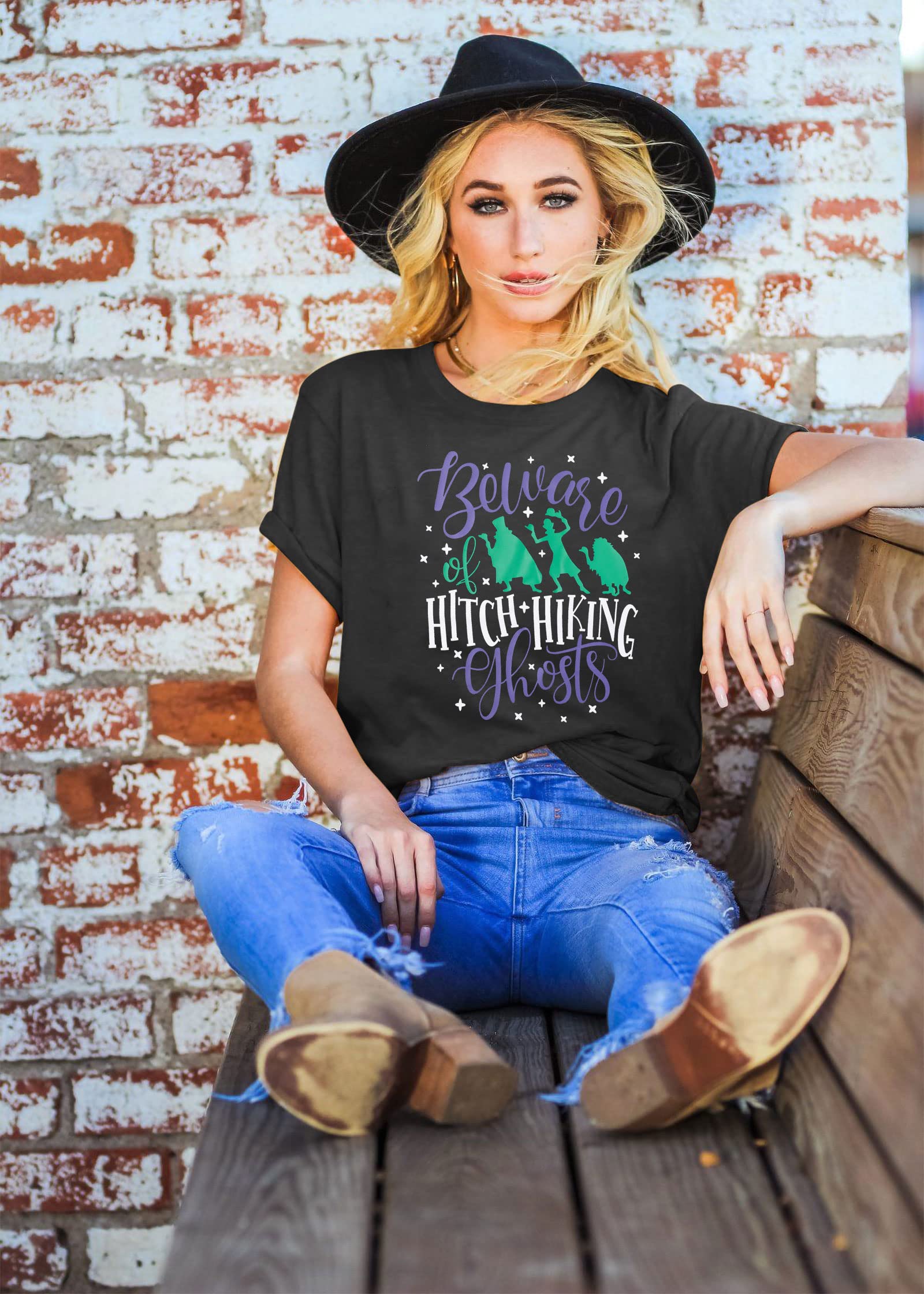 Funny Beware of Hitch Hiking Ghost T-Shirt for Women - Haunted Halloween Short Sleeve Tee - Perfect for Halloween Parties, Costume Events & Spooky Outfits