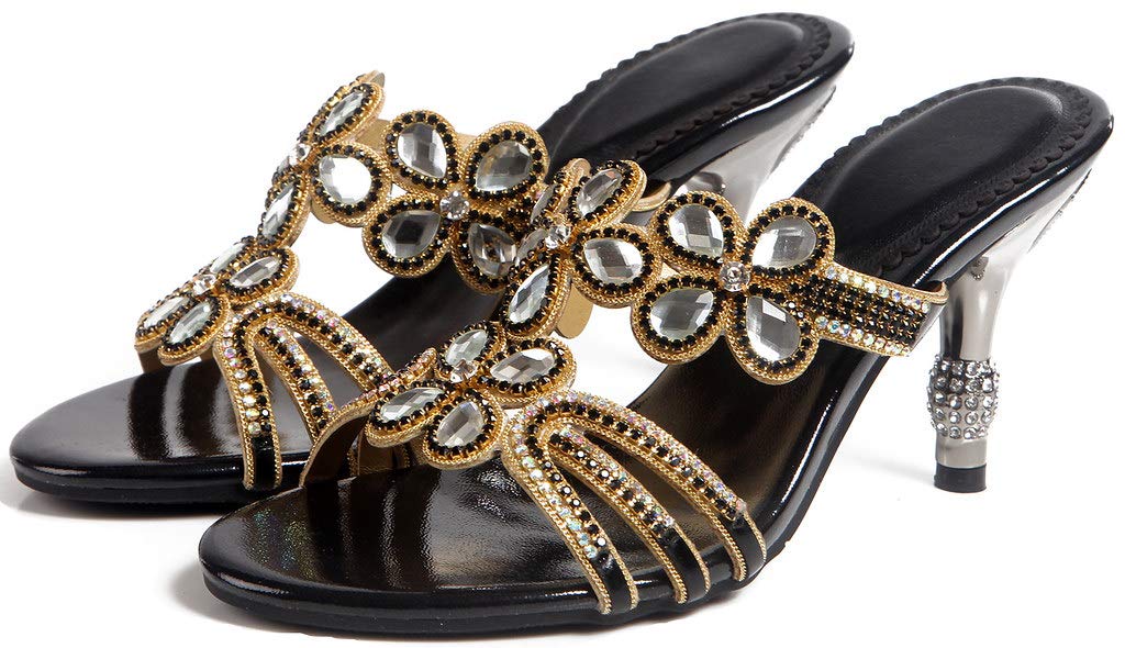 YooPrettyz Women's Rhinestone Handmade Sandals - Cutout Floral Slip-On Dress Shoes with Kitten Heels | Perfect for Weddings, Parties & Summer Outfits