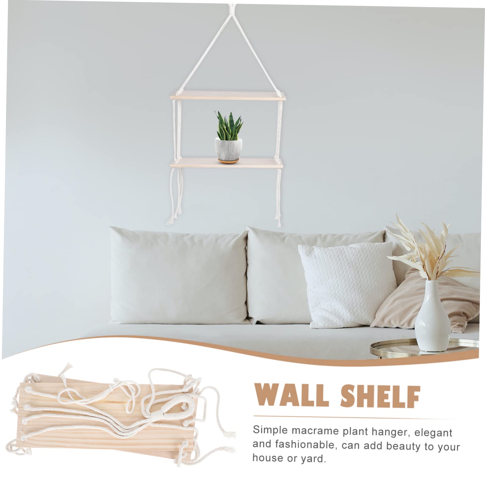 OFFSCH 1pc Macrame Plant Shelf - White Wood Hanging Pot Rack for Indoor Plants, Small Home Decor with Boho Style | Perfect for Living Room, Bedroom, or Kitchen Plant Display