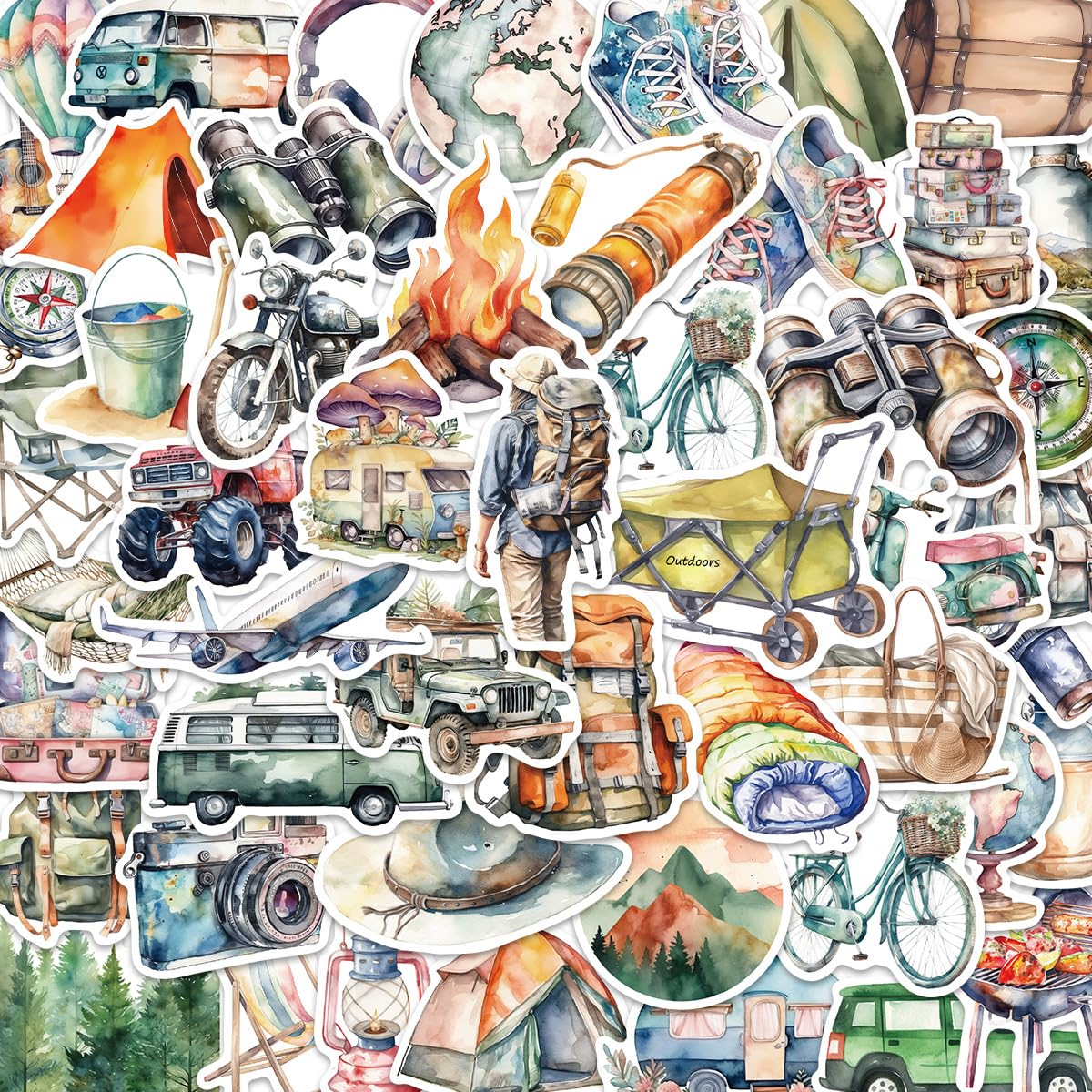 50pcs Waterproof Vinyl Stickers for Outdoor Enthusiasts - Aesthetic Watercolor Travel & Nature Decals for Water Bottles, Laptops, Scrapbooks & Cars | Perfect for Hiking, Camping Adventures & DIY Projects (Boys, Girls, Teens & Adults)