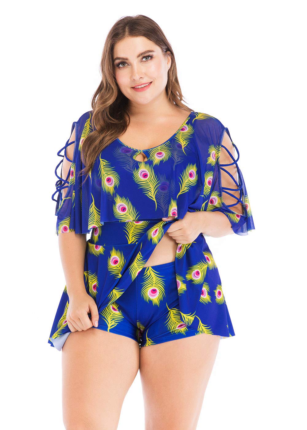 Wellwits Women's Plus Size Crisscross Flutter Sleeves Cherry Print Swimdress - Flattering Swimwear for Curvy Women, Beach Vacation & Pool Party Outfit