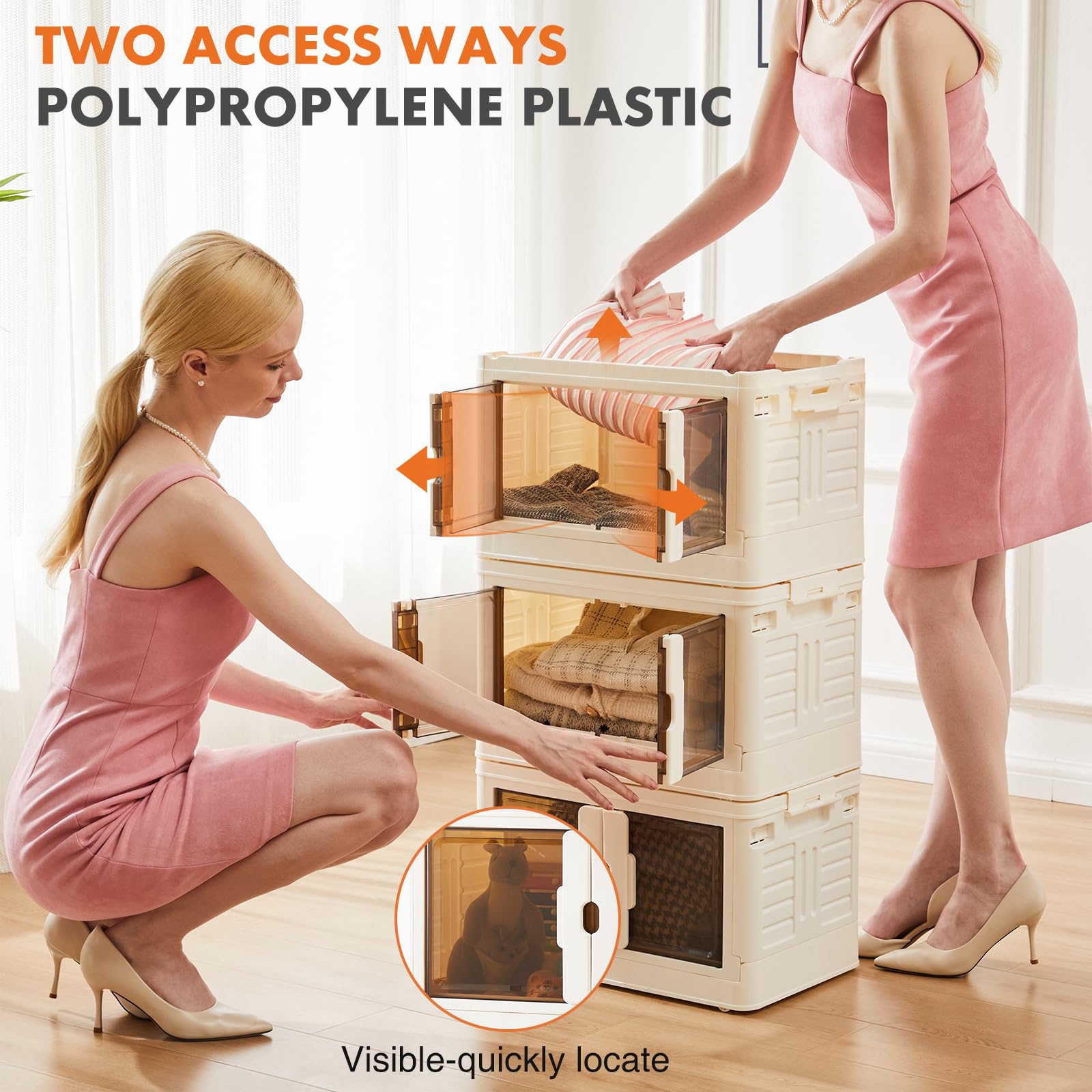 Foldable Plastic Storage Bins with Doors & Wheels - 80QT Stackable, Portable, Lockable Storage Boxes (3 Pack) for Living Room, Garage, Closet & Office Organization