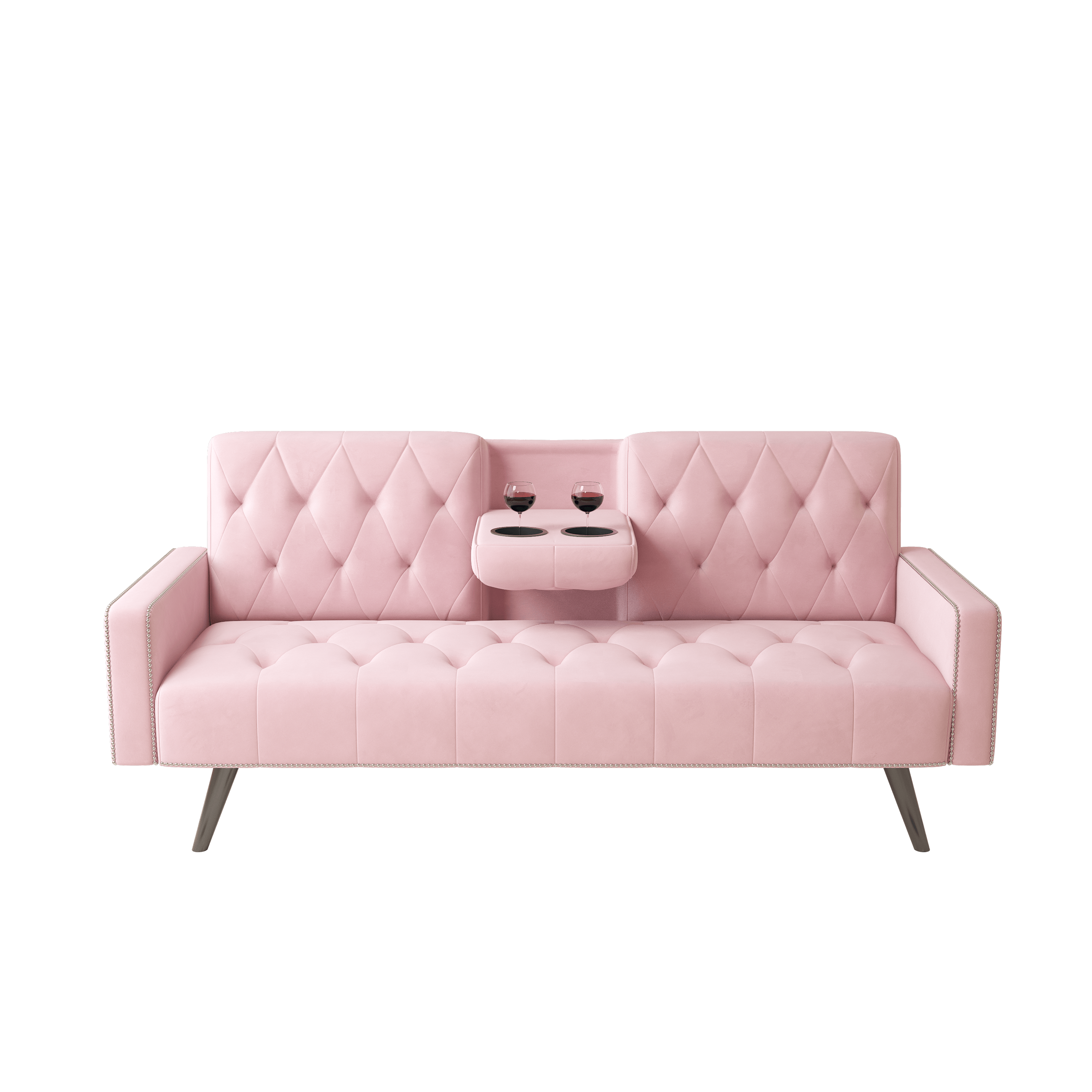 1730 Pink Velvet Sofa Bed with Nail Head Trim & Cup Holders - 72