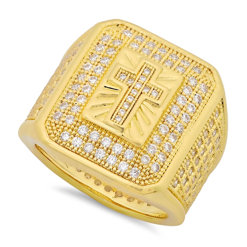 14K Gold Plated Hip Hop Bling Ring - Iced Out Micropave CZ Cross Design (21.5mm) for Men & Women | Perfect for Rappers, Streetwear Fashion & Gift Giving