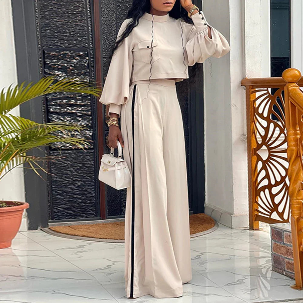 Women's Plus Size Loose Elegant Half High Neck Long Sleeve Top & Wide Leg Pants Casual Two Piece Set - Perfect for Autumn Outfits, Office Wear & Weekend Brunch