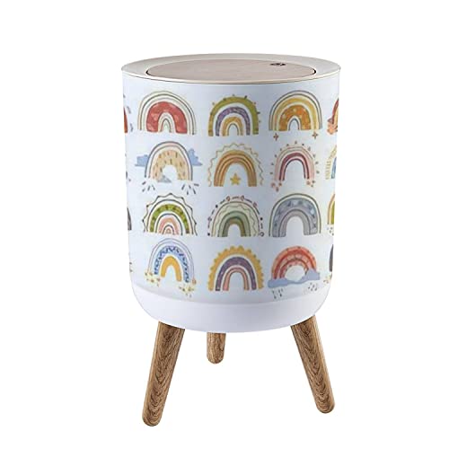 Boho Scandinavian Small Trash Can with Lid - 7L/1.8 Gallon Press Top Round Wastebasket for Kitchen, Bathroom, Bedroom & Office - Rainbow Cartoon Nursery Design with Clouds, Rain & Stars - Dog Proof Recycling Bin | Perfect for Baby Rooms, Home Decor & Small Spaces