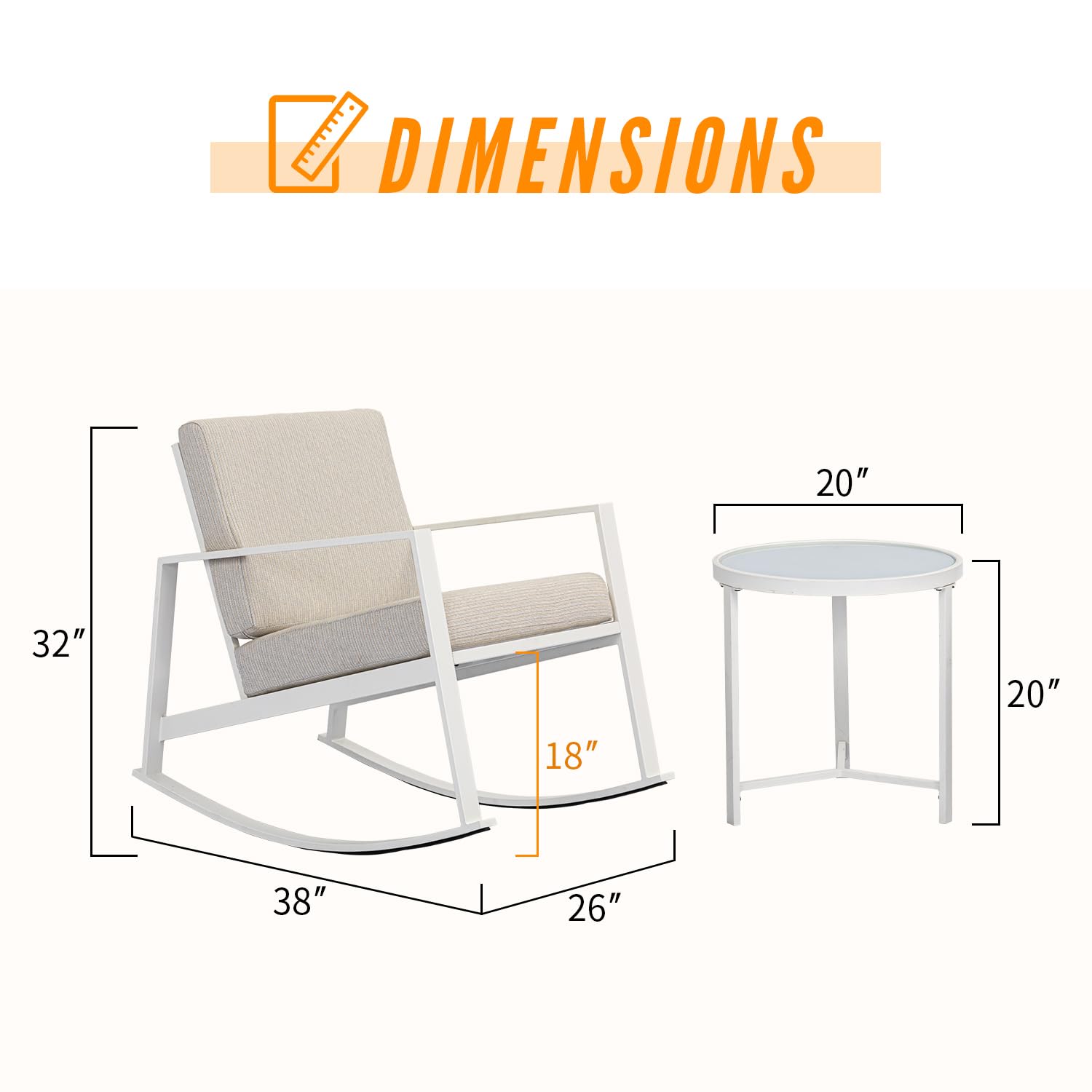 AQUILLA 3-Piece Outdoor Patio Rocking Chair Set with Metal Frame & Tempered Glass Table - Beige Gray Cushioned Bistro Furniture for Balcony, Garden, Lounge - Durable Weather-Resistant Outdoor Seating for Relaxing & Entertaining