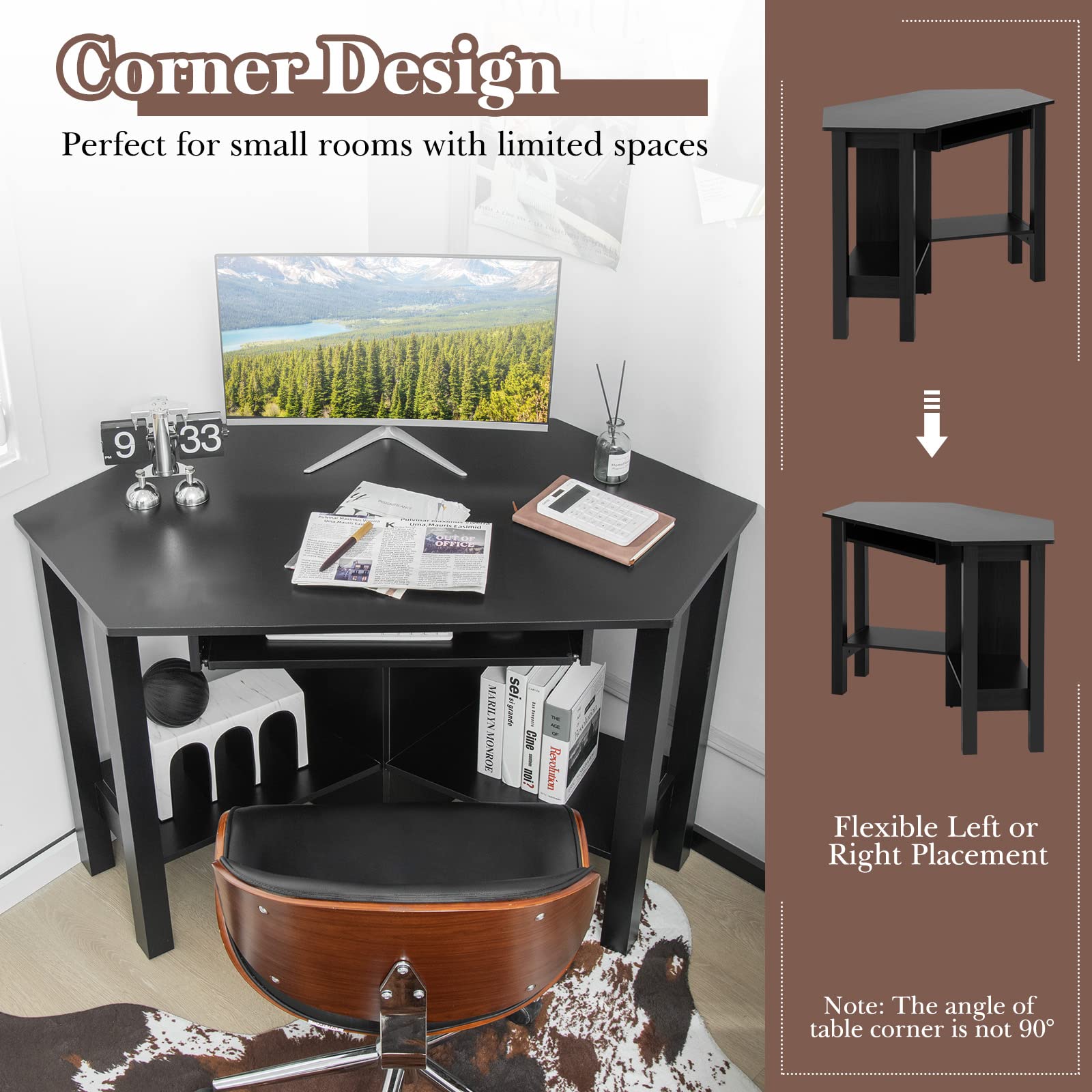Tangkula Small Corner Desk with Keyboard Tray - Triangle Computer Desk for Bedroom, Home Office & Small Spaces - Space Saving Writing Desk with Storage Shelves - Perfect for Work, Study & Makeup Vanity