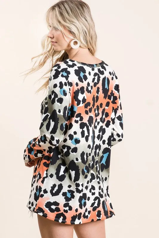 Bibi Gradation Leopard Print Soft Knit Deep U Neck T-Shirt - Rust/Olive Color Women's Casual Top for Fall Outfits & Date Nights