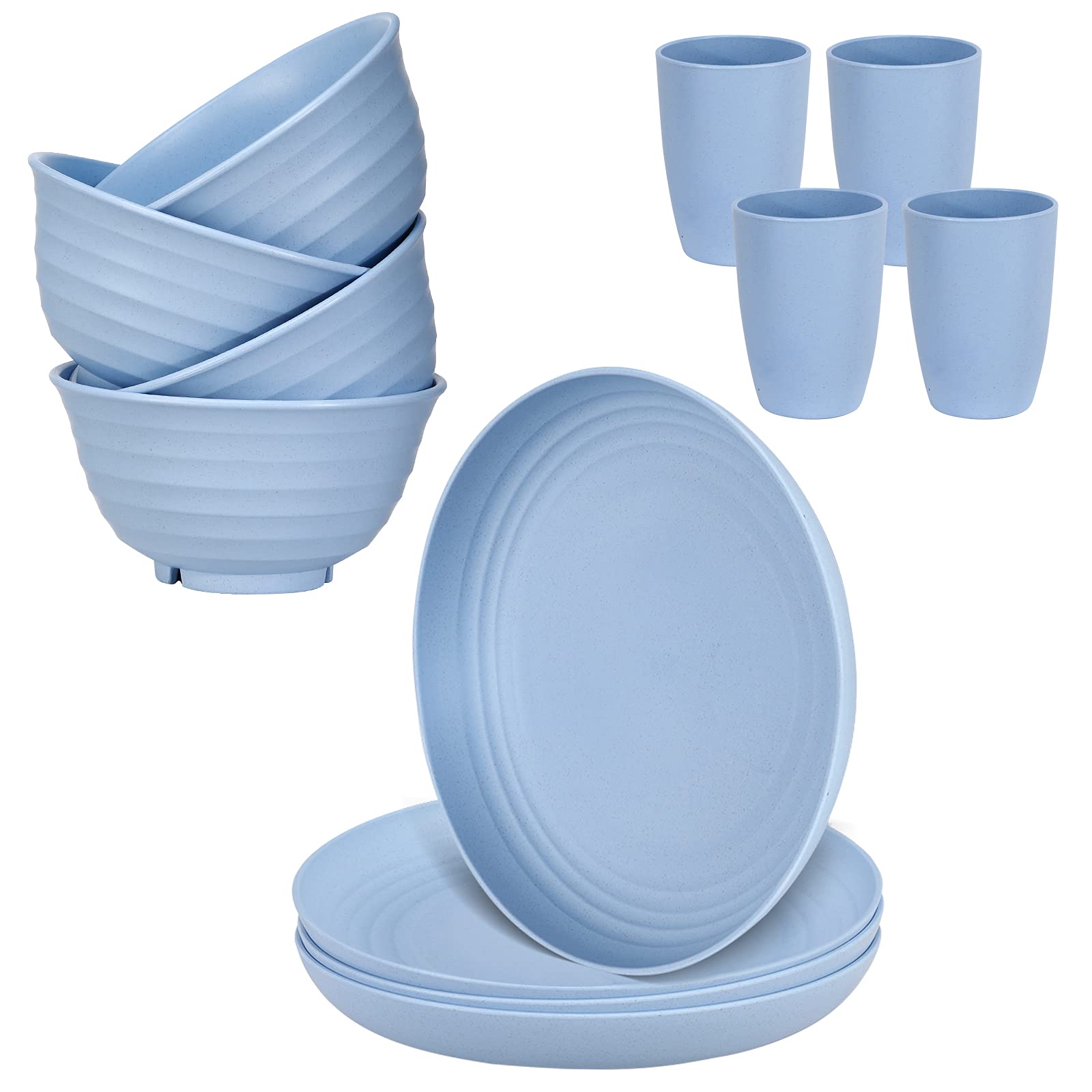 12-Piece Plastic Wheat Straw Dinnerware Set for 4 - Cups, Plates & Bowls | Microwave & Dishwasher Safe | Eco-Friendly Lightweight Tableware | Perfect for Picnics, Camping & Outdoor Dining