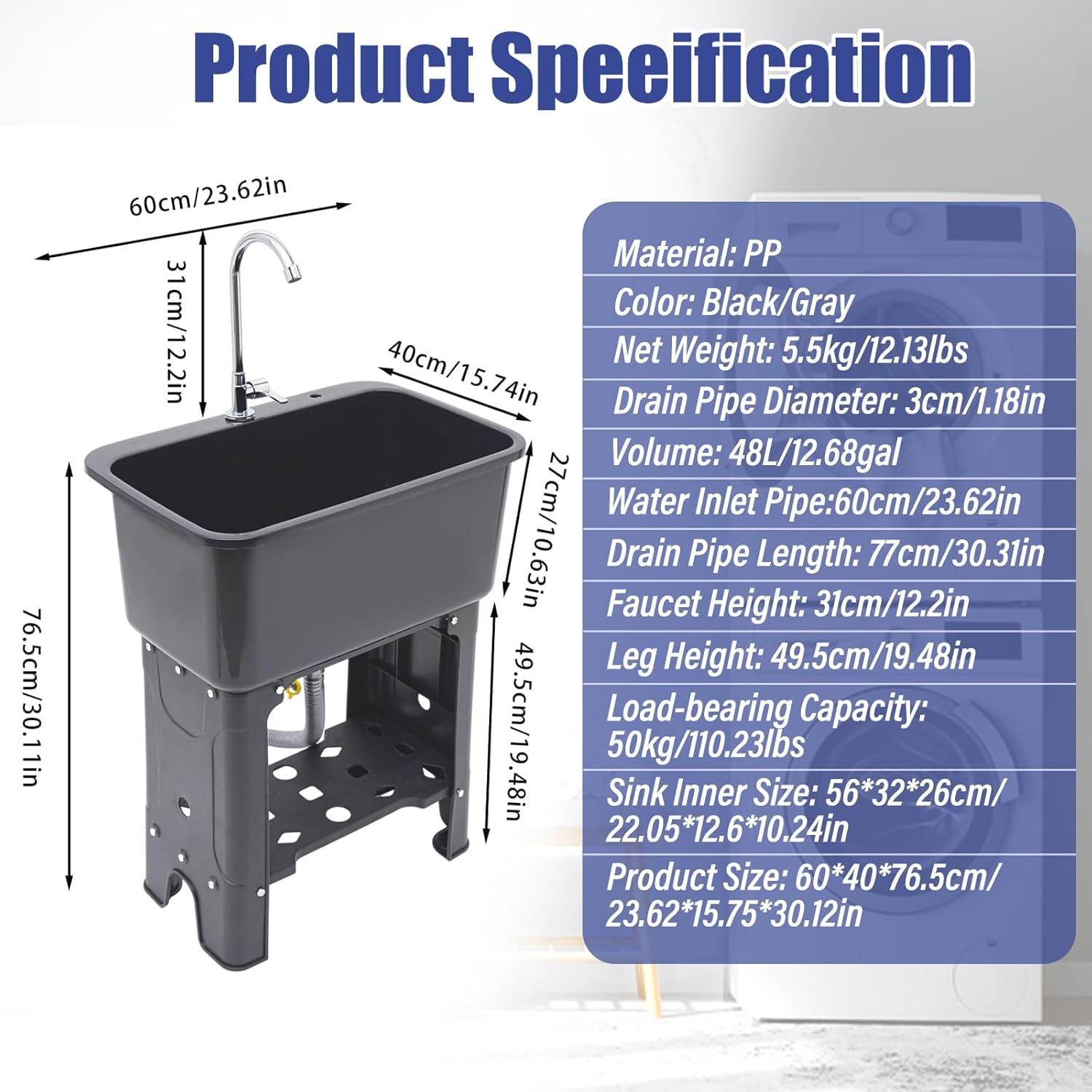 Freestanding Laundry Sink with Washboard - Plastic Utility Tub for Garage, Basement & Garden Use