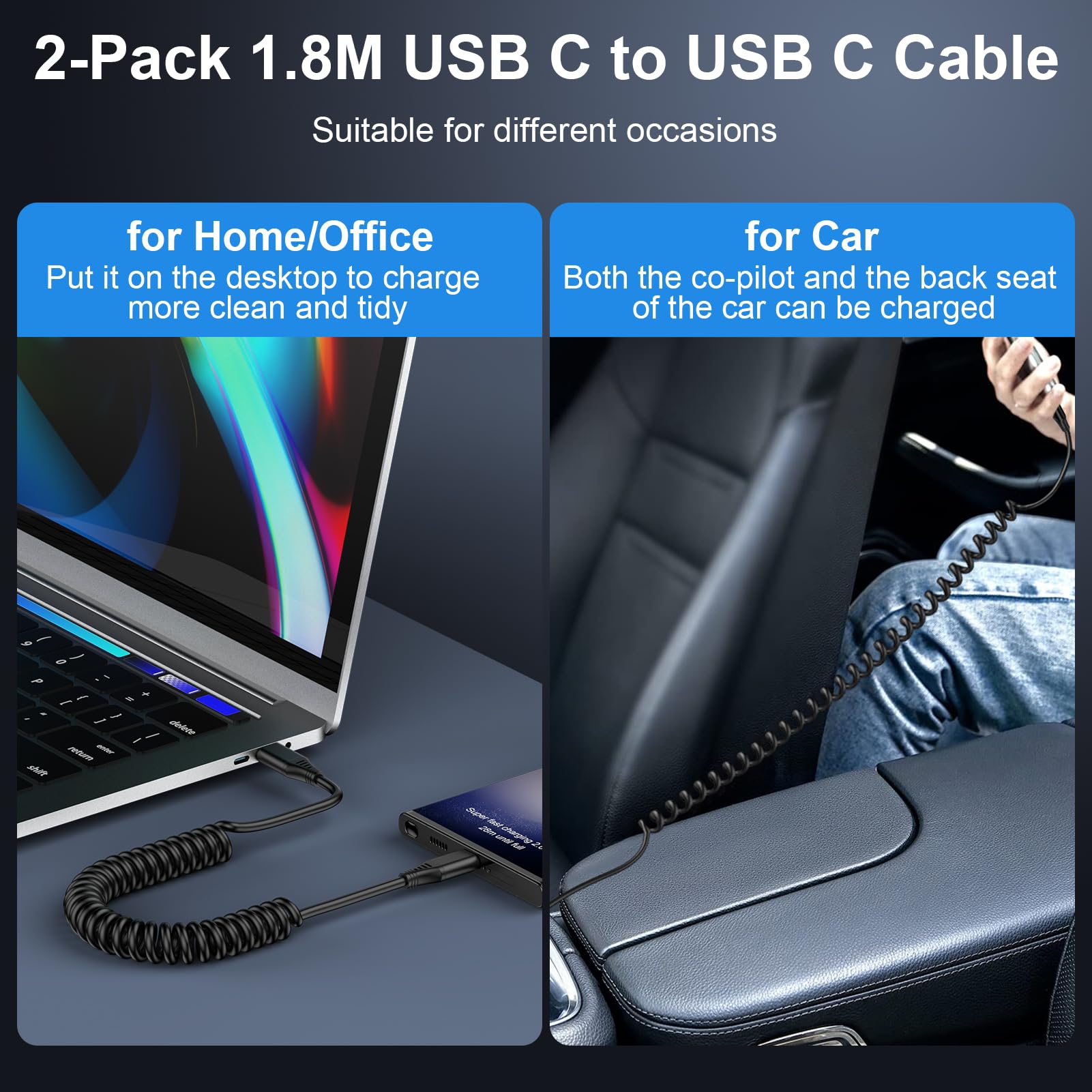 2-Pack Coiled USB C to USB C Fast Charging Cable for Samsung Galaxy A15/A14/A13/A12/Z Flip 5/S24/S23/S22/S21, Google Pixel & Xiaomi - Spring Design Car Charger Cable for Convenient On-the-Go Charging