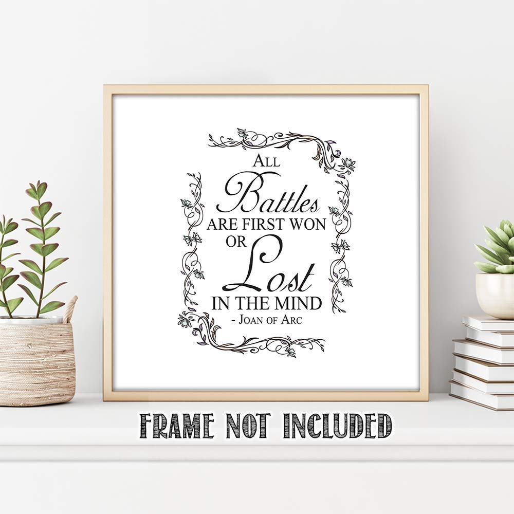 TJ Originals - 'All Battles are First Won or Lost in the Mind' Joan of Arc Christian Bible Quote Wall Art Print - 11x14 Inspirational Scripture Decor with Floral Border - Perfect for Home, Office & Gift for Family & Friends