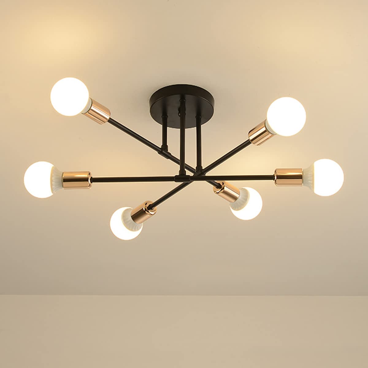 Modern 6-Light Semi Flush Mount Chandelier - Black & Gold Contemporary Ceiling Light Fixture for Living Room, Bedroom, Dining Room, Kitchen & Office | Elegant Home Lighting for Dining Areas, Entryways and Modern Interiors
