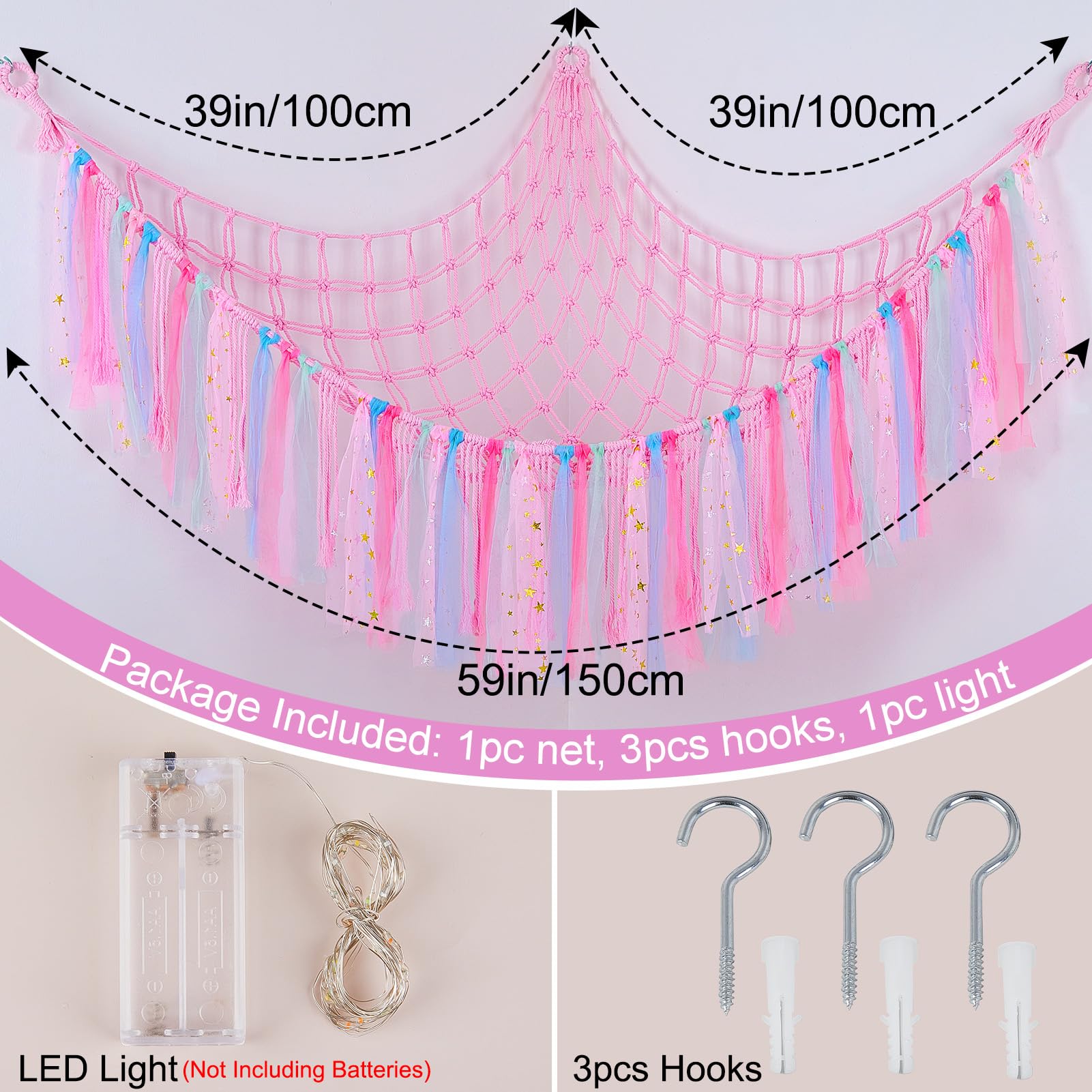 FIOBEE Stuffed Animal Storage Hammock with LED Lights - Hanging Toy Organizer for Kids Bedroom & Nursery Decor - Perfect for Storing Plush Toys, Stuffed Animals & Soft Toys in Style