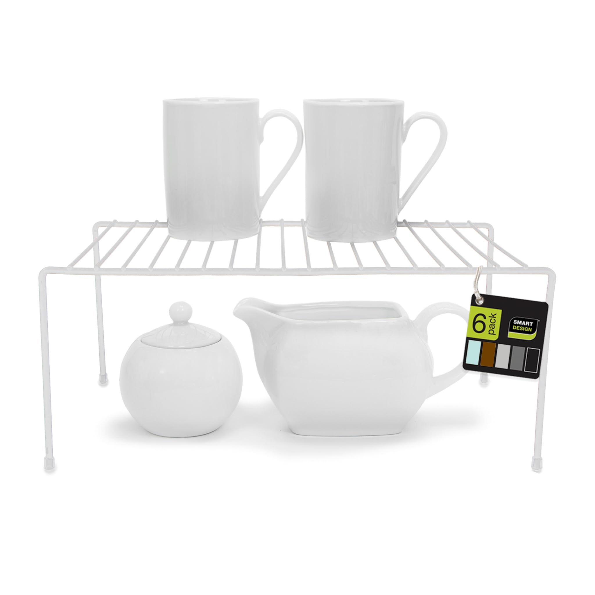 Smart Cabinet Storage Shelf Rack - Set of 6 Medium 8.5 x 13.25 Inch - Non-Slip Feet & Rust-Resistant Steel Frame - Kitchen Pantry Organizer for Cups, Dishes, Spices - Perfect for Countertop, Cabinet & Pantry Organization - White