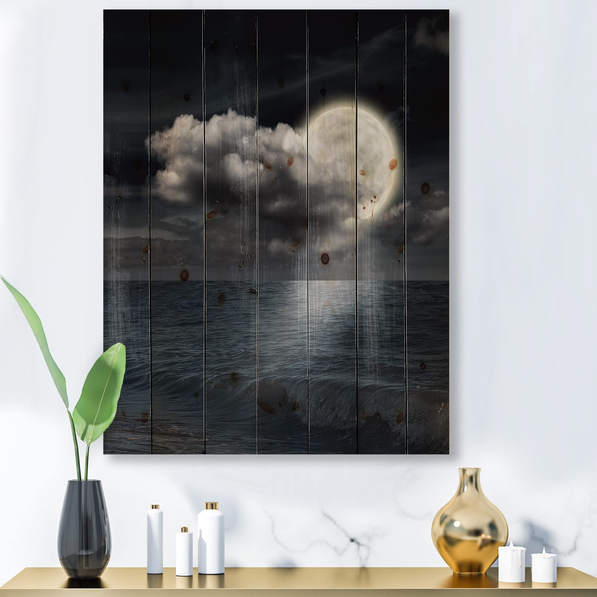Full Moon Cloudy Night Sky Wood Wall Art - Coastal Decor for Living Room