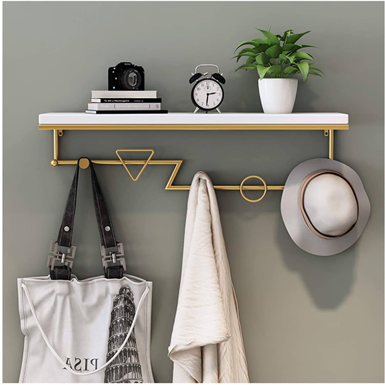 YAYONG Solid Wood Wall Mounted Coat Rack with Shelf & Golden Key Hooks - Space Saving Entryway Organizer for Hallway, Mudroom, Kitchen & Bathroom Storage