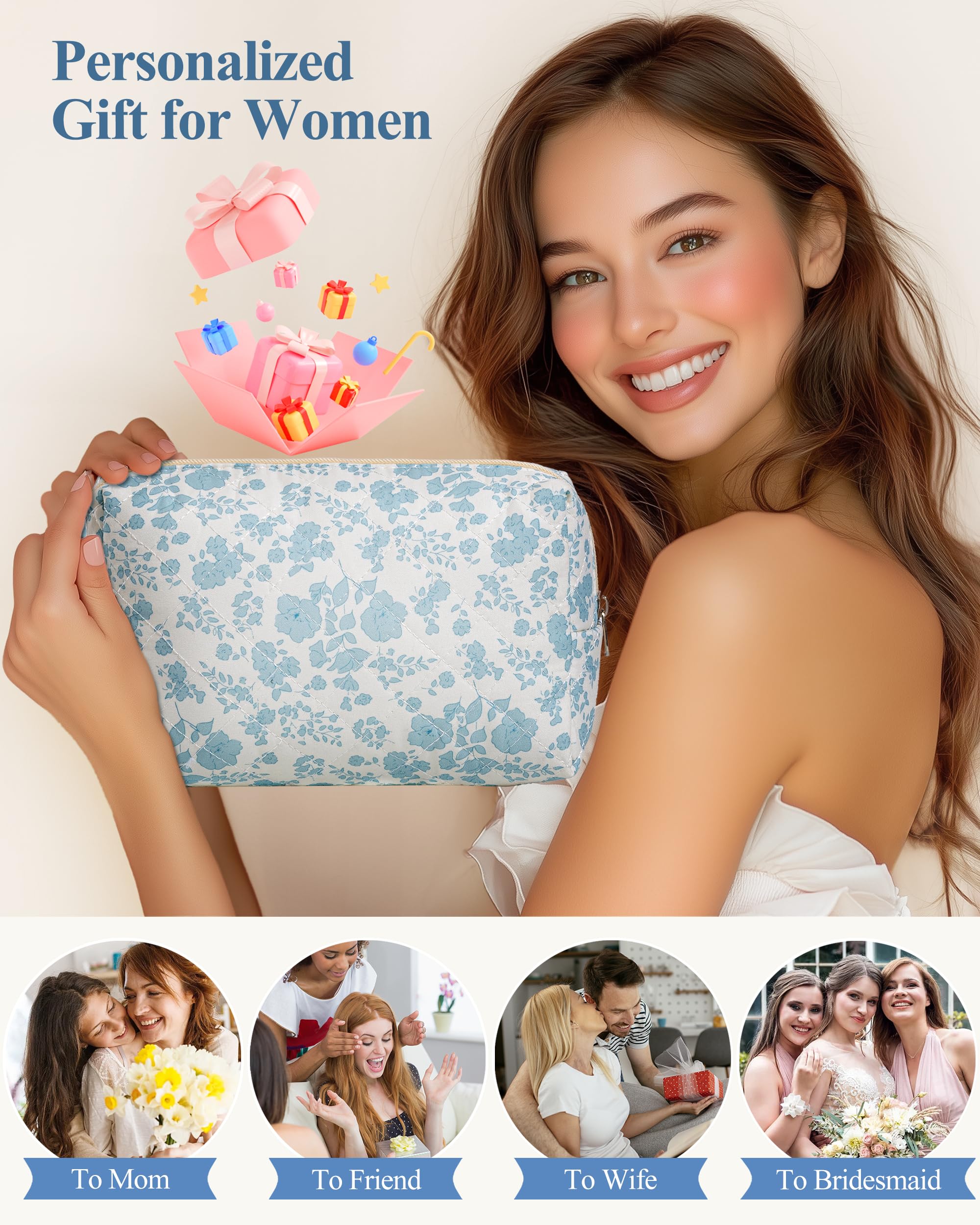HBselect Quilted Makeup Bag for Women - Large Travel Cosmetic Organizer with Floral Design, Cotton Toiletry Bag for Girls (Blue Flower) | Perfect for Travel, Gym & Daily Essentials Storage