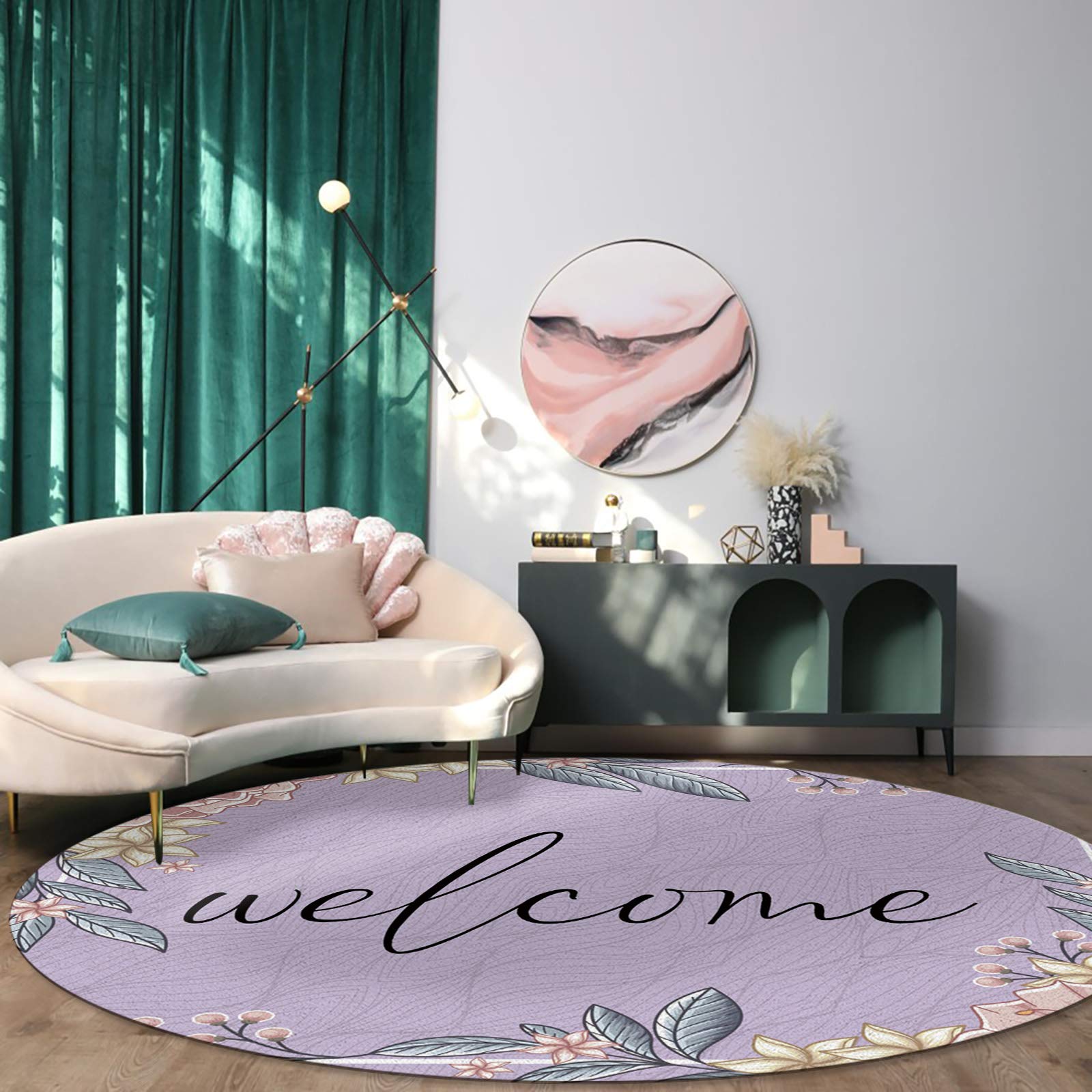 Floral Round Area Rug 3 ft - Soft Microfiber Non-Slip Circular Carpet | Anti-Shedding Decorative Floor Mat for Living Room, Bedroom & Entryway | Floral Welcome Design with Geometric Texture for Home Decor