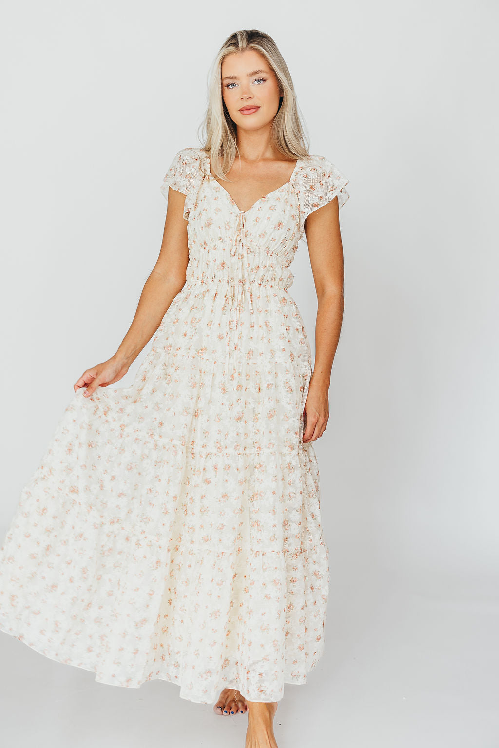 Elegant Floral & Gingham Ruffled Maxi Dress for Women - Cream Peach Summer Dress, Boho Chic Beach Wedding Guest Outfit, Perfect for Vacations & Outdoor Parties