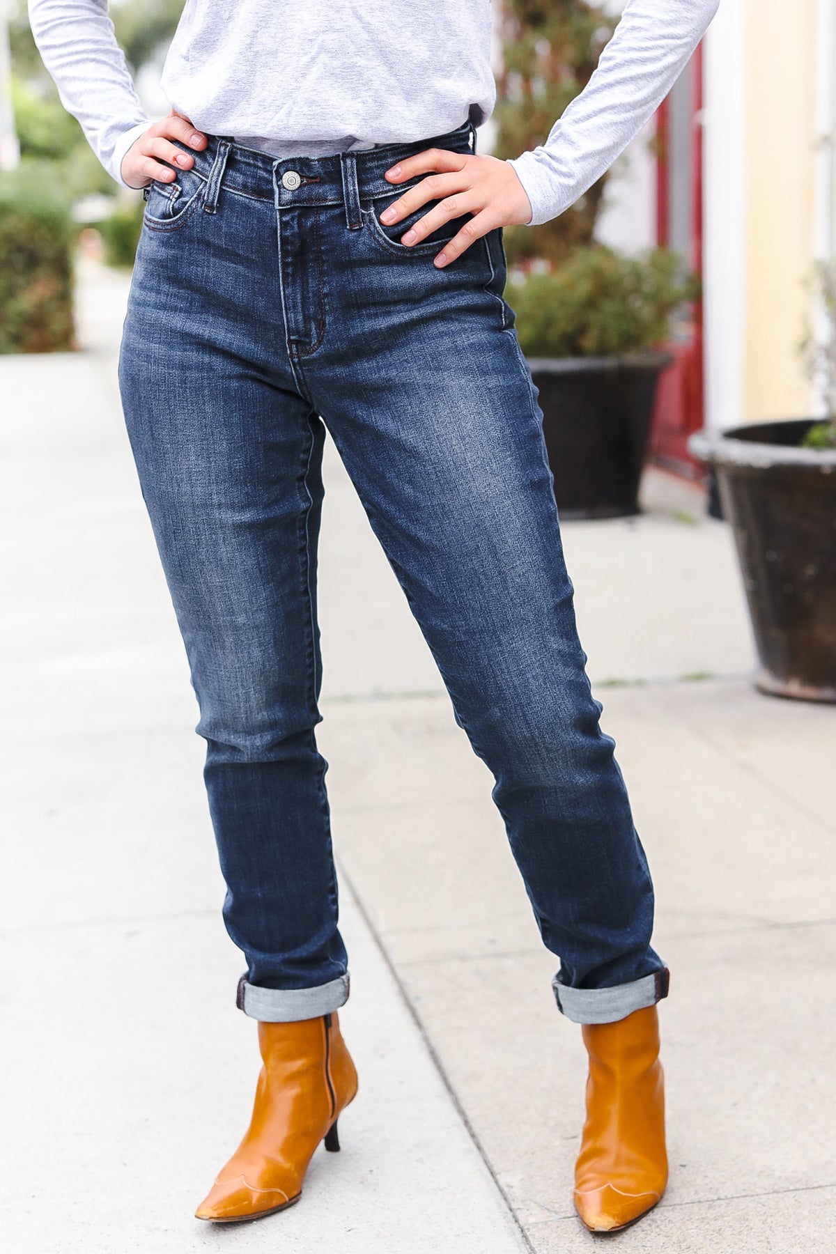 Judy Blue Dark Wash Mid Rise Cuffed Slim Fit Jeans for Women | Comfortable Stretch Denim Pants | Perfect for Casual Wear, Office & Date Night