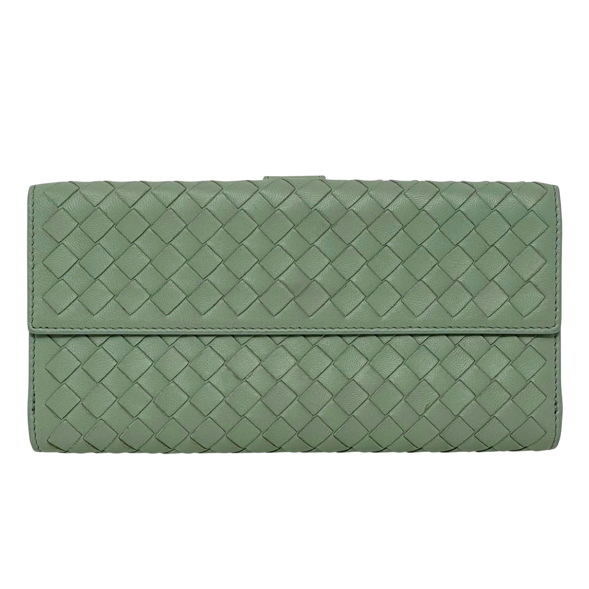 Bottega Veneta Green Nappa Intrecciato Long Leather Wallet for Women - Luxury Slim Card Holder & Cash Organizer - Perfect for Everyday Use and Travel