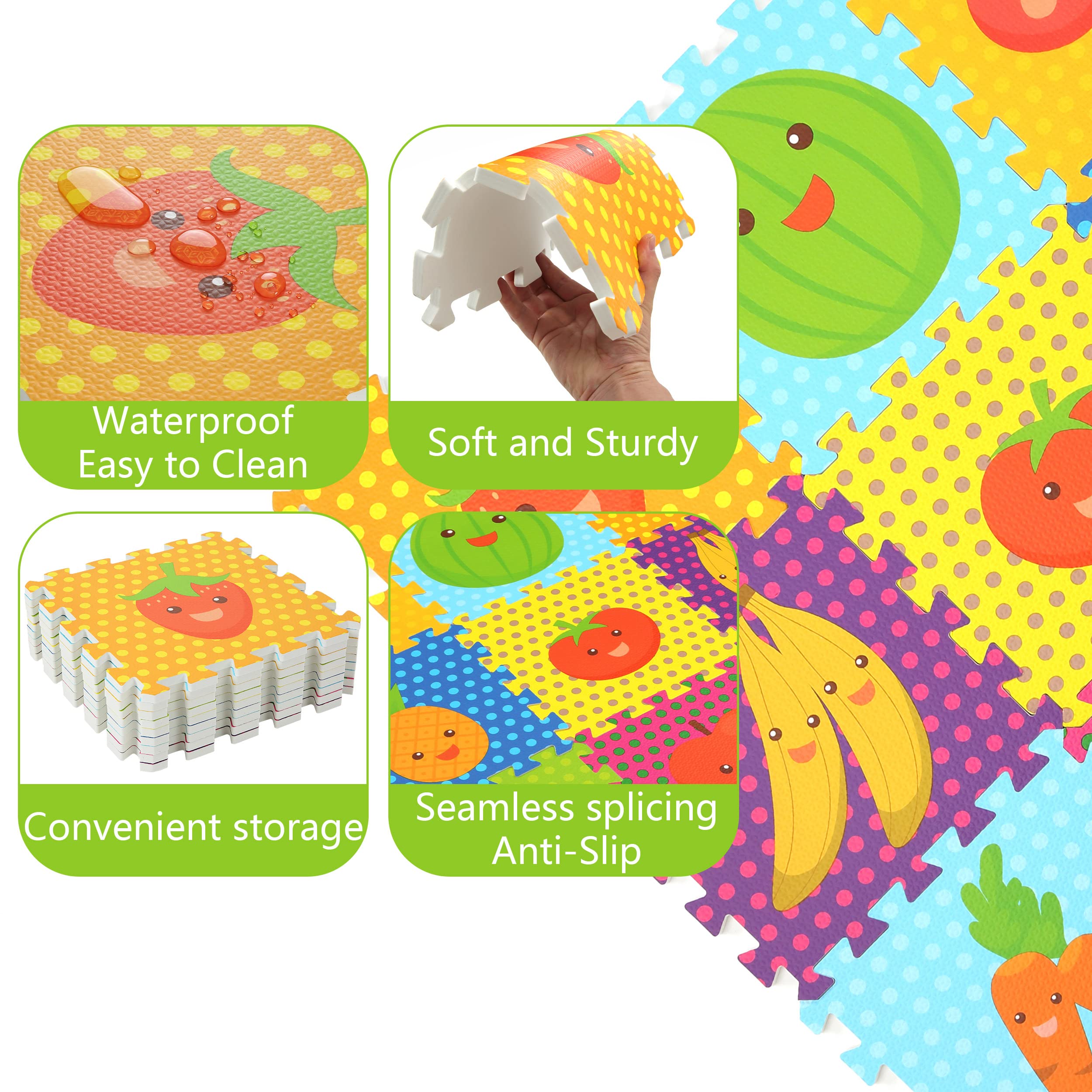 Non-Toxic Baby Play Mat - 34x34 Inch Foam Puzzle Floor Tiles with Fruit Design (9-Piece Set) for Toddler Safe Crawling & Learning - Perfect for Nursery, Playroom & Daycare