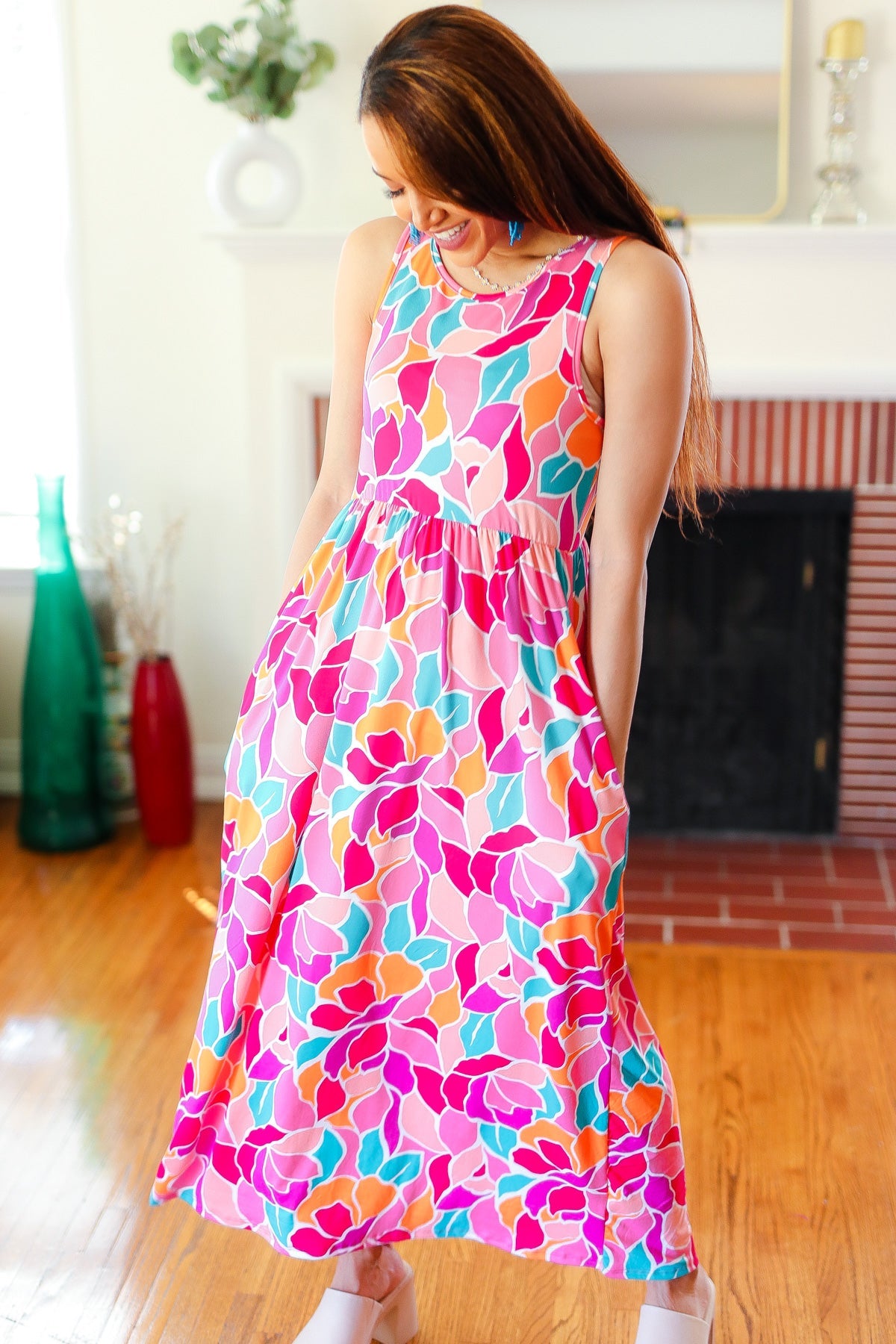 Elegant Fuchsia Abstract Floral Fit & Flare Maxi Dress for Women - Perfect for Summer Weddings, Beach Vacations & Special Occasions