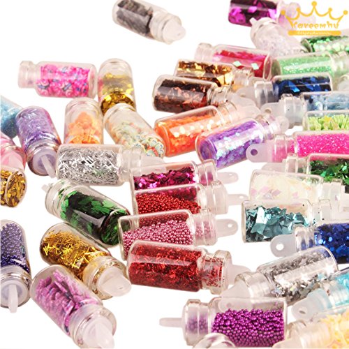 RoyalKart 48 Bottles 3D Nail Art Glitter Rhinestones Sequins Dust Powder Set with 5Pcs Double Sided Dotting Tools - Perfect for DIY Nail Designs, Manicures, Gifts for Women & Girls