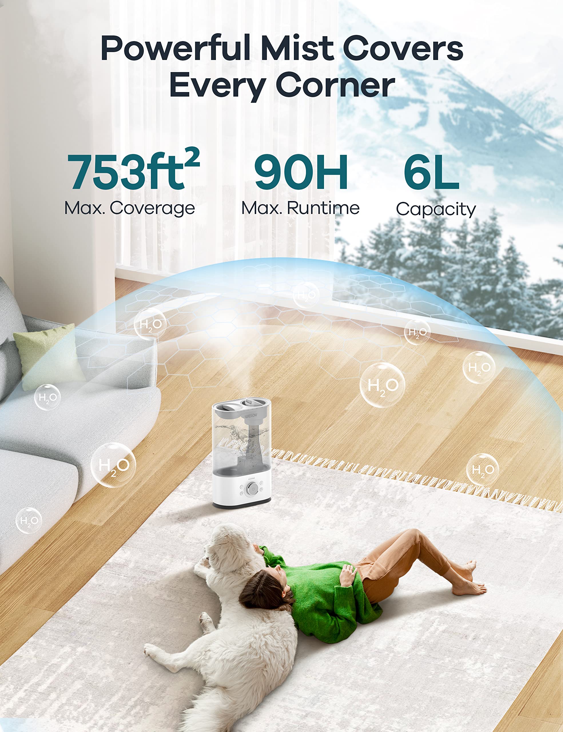 6L Cool Mist Humidifier for Bedroom - Ultrasonic Quiet 22dB with Night Light & 43.3