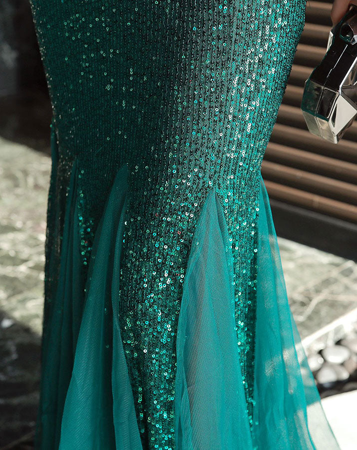 Elegant V-Neck Sequined Mermaid Fishtail Maxi Evening Dress for Women - Perfect for Prom, Wedding, and Formal Events